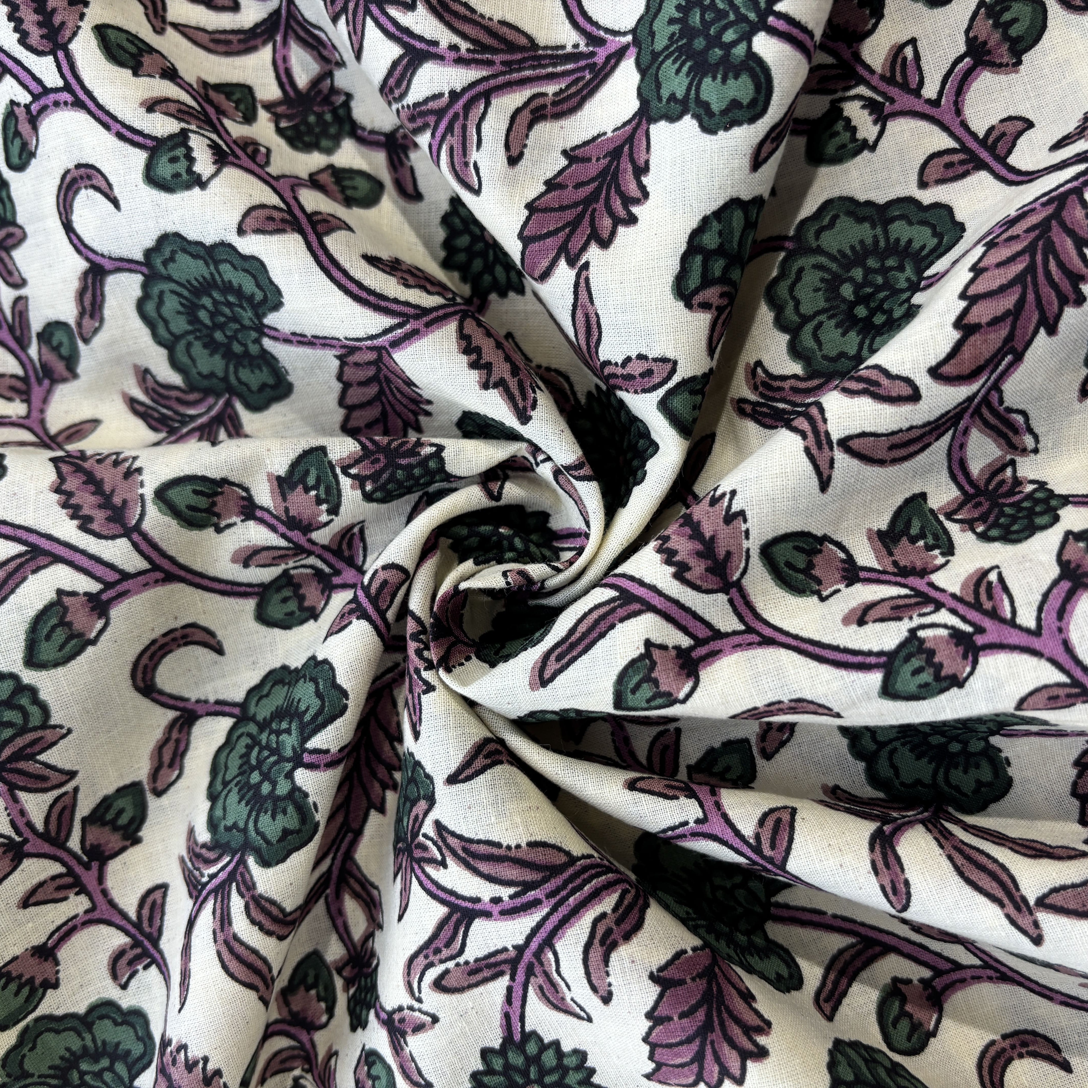 Cream Green Floral Print Cotton Fabric 16235