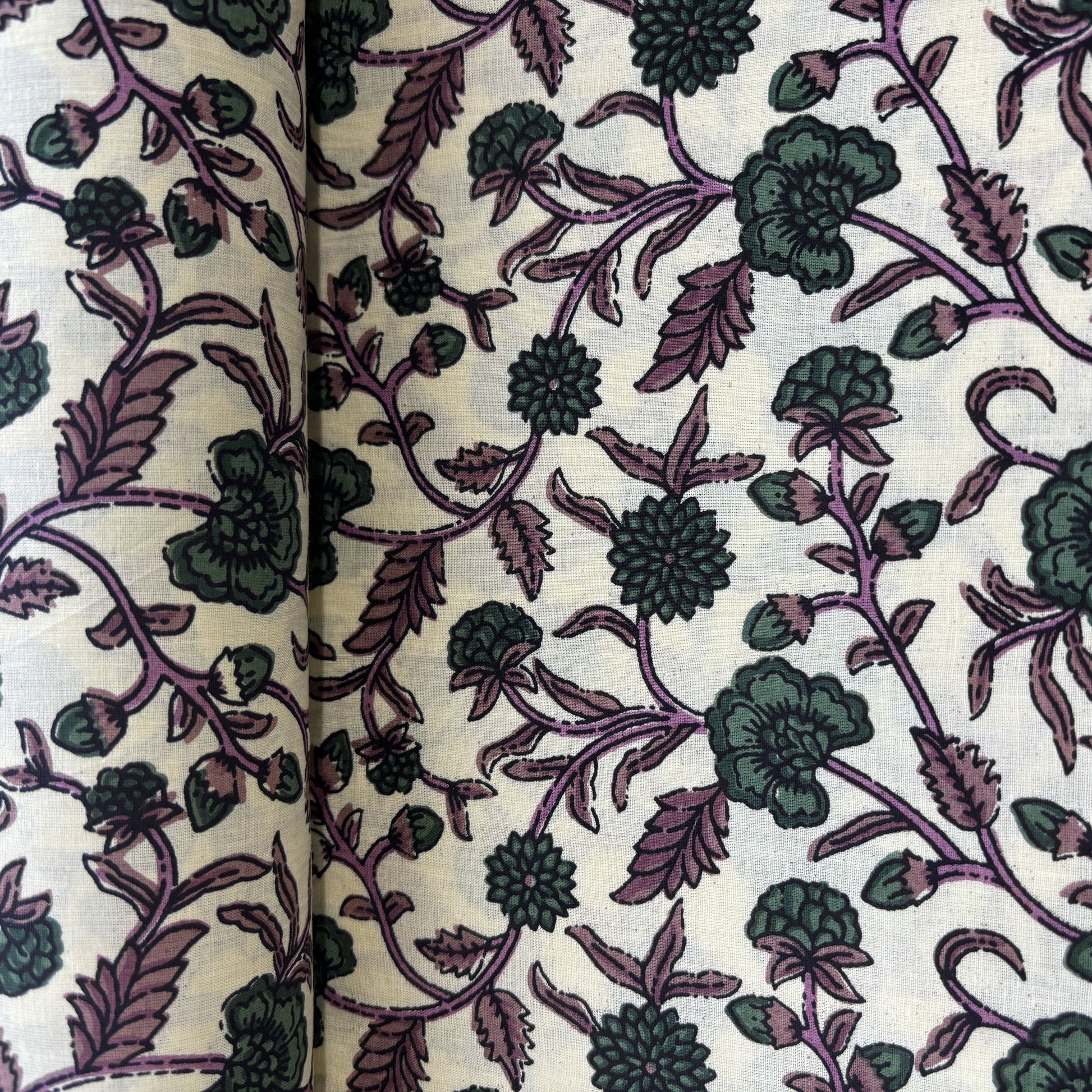 Cream Green Floral Print Cotton Fabric 16235