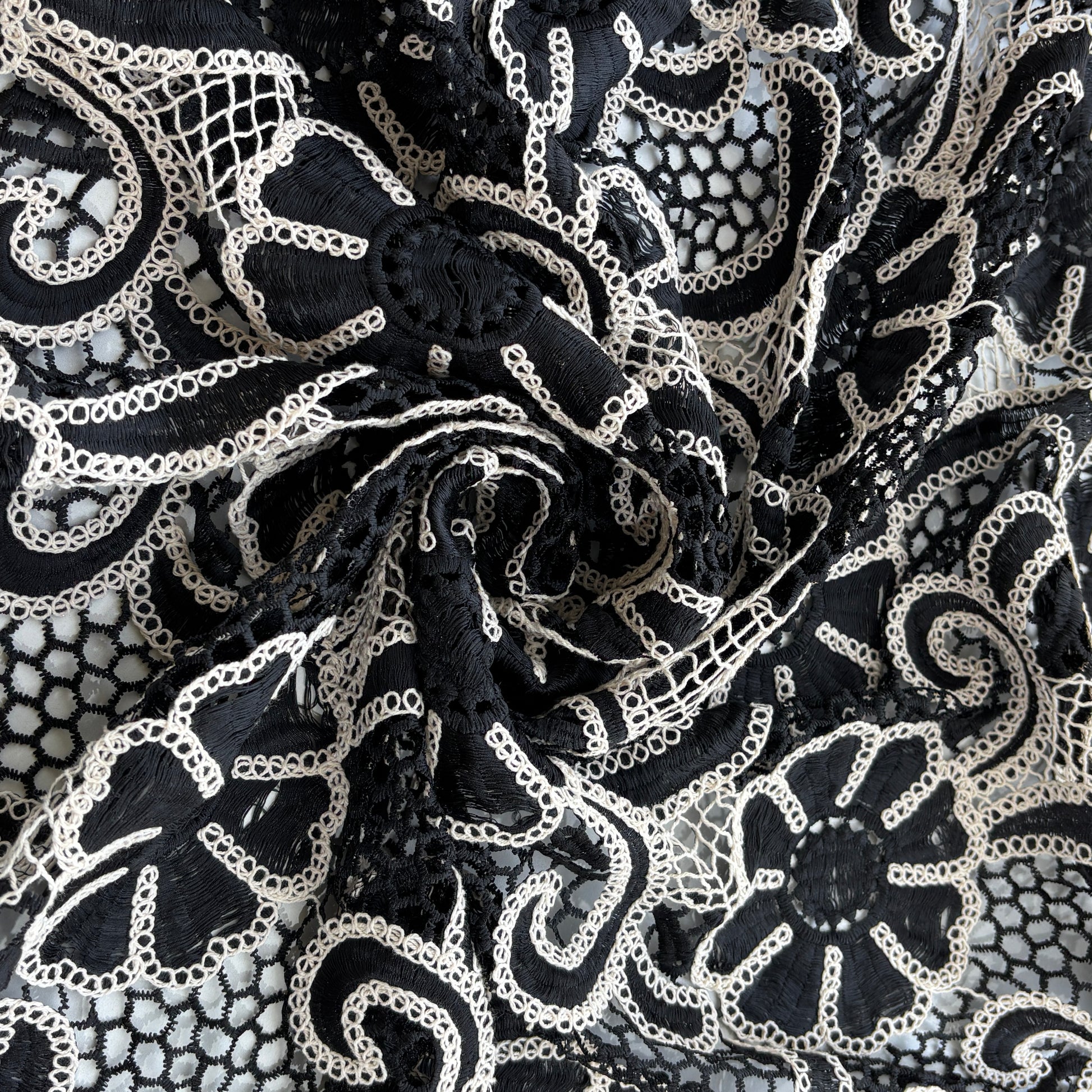 Black Floral Cotton Crochet Fabric 22587