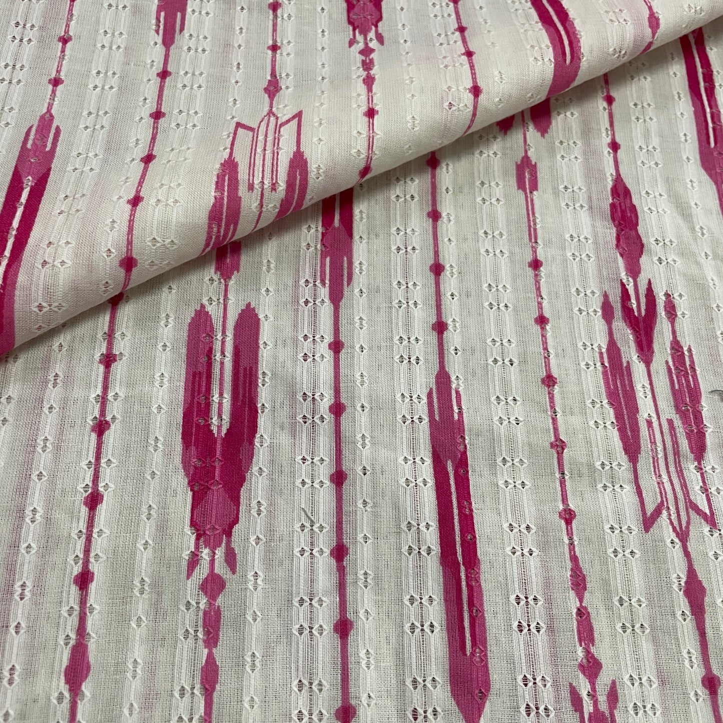 OffWhite Pink Ikkat Dobby Embroidery Dyeable Cotton Fabric