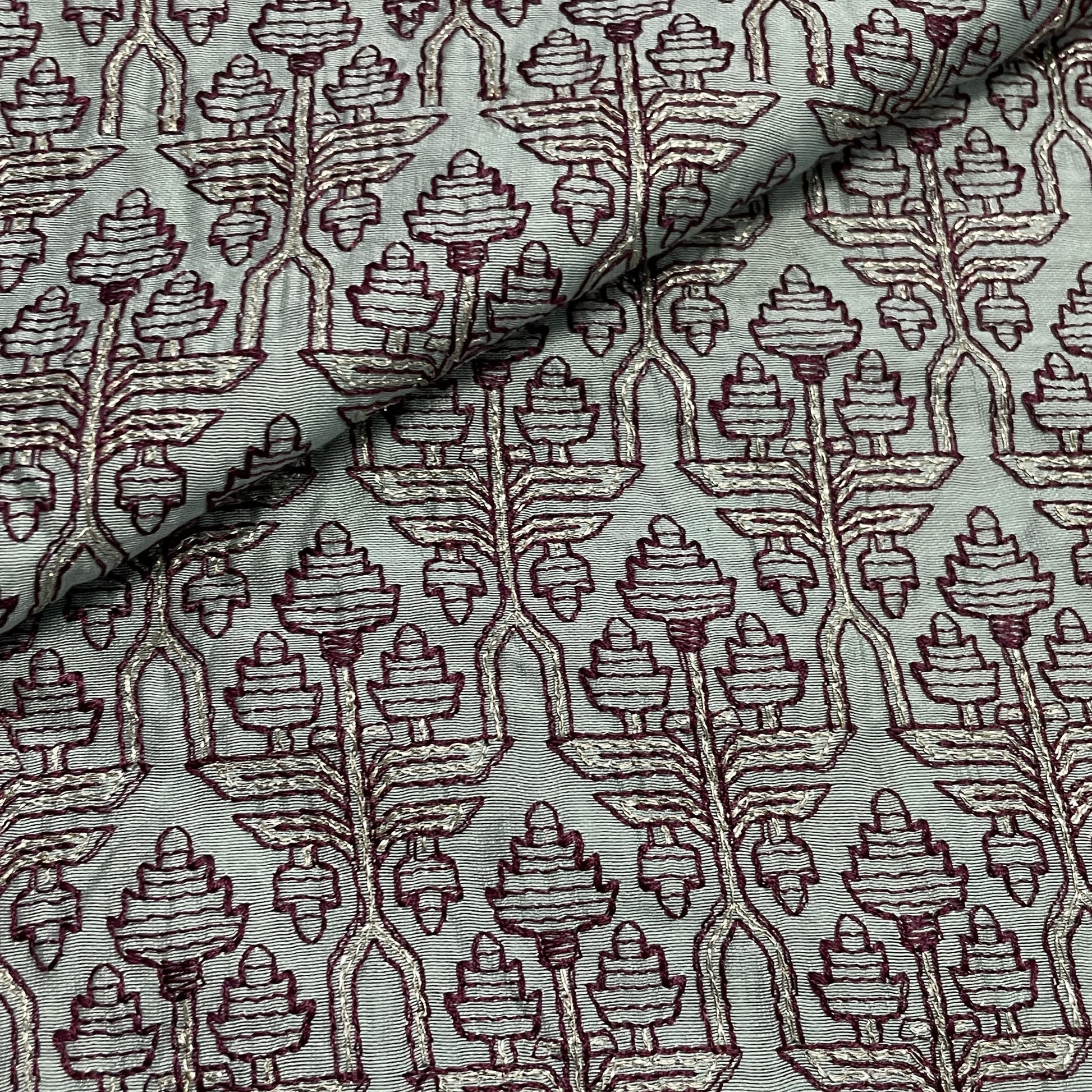 Classic Sage Green Traditional Thread Embroidery Chanderi Silk Fabric
