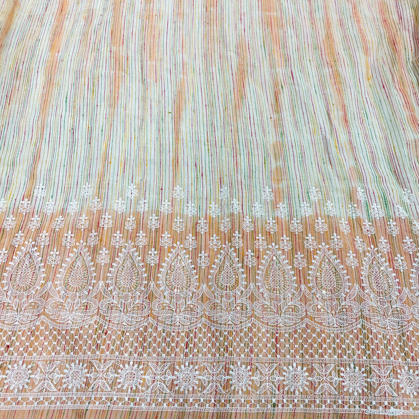 Orange Stripe Chikankari Embroidery Khadi cotton Fabric - TradeUNO