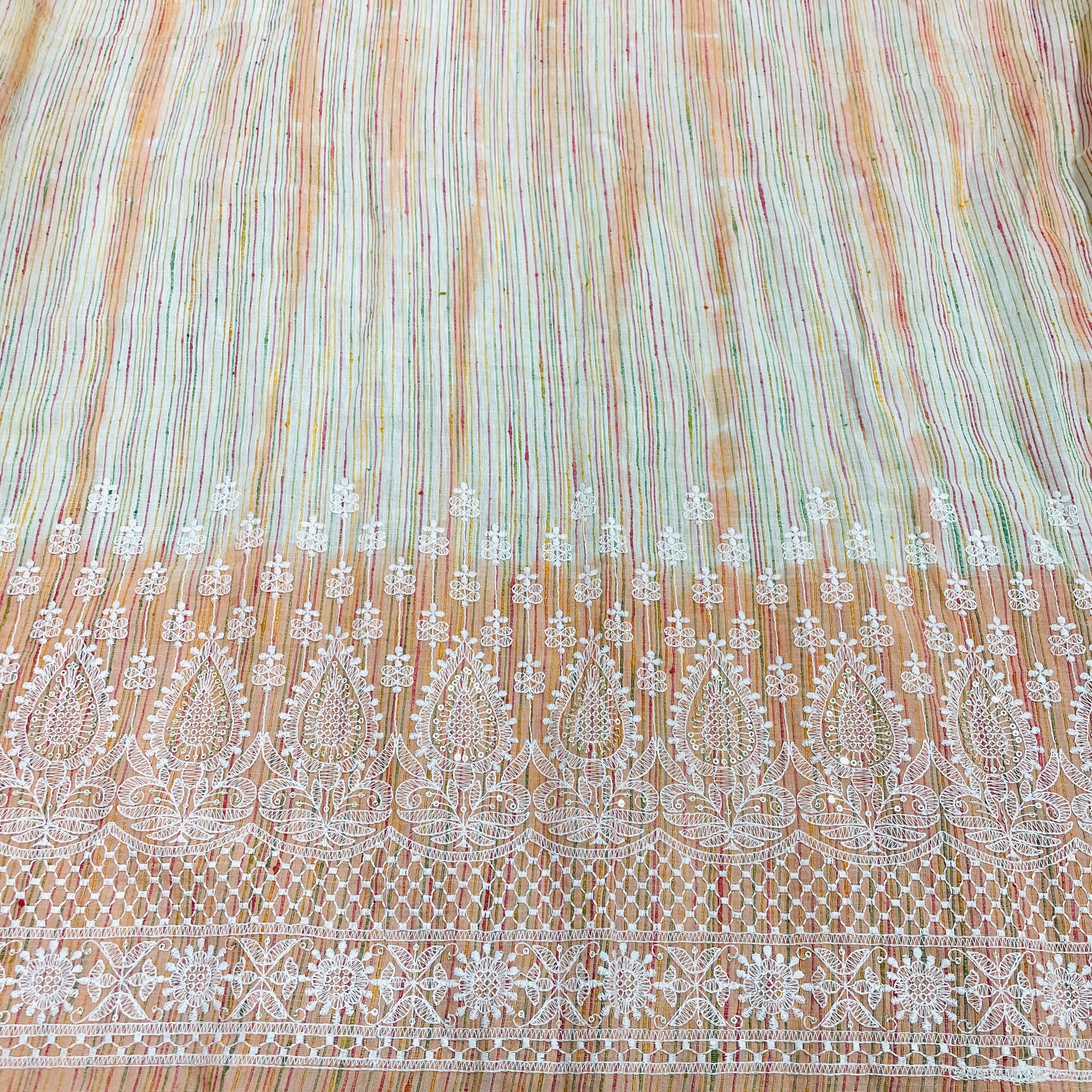 Orange Stripe Chikankari Embroidery Khadi cotton Fabric - TradeUNO