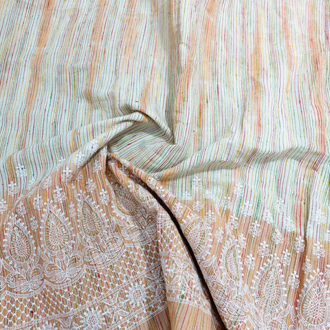 Orange Stripe Chikankari Embroidery Khadi cotton Fabric