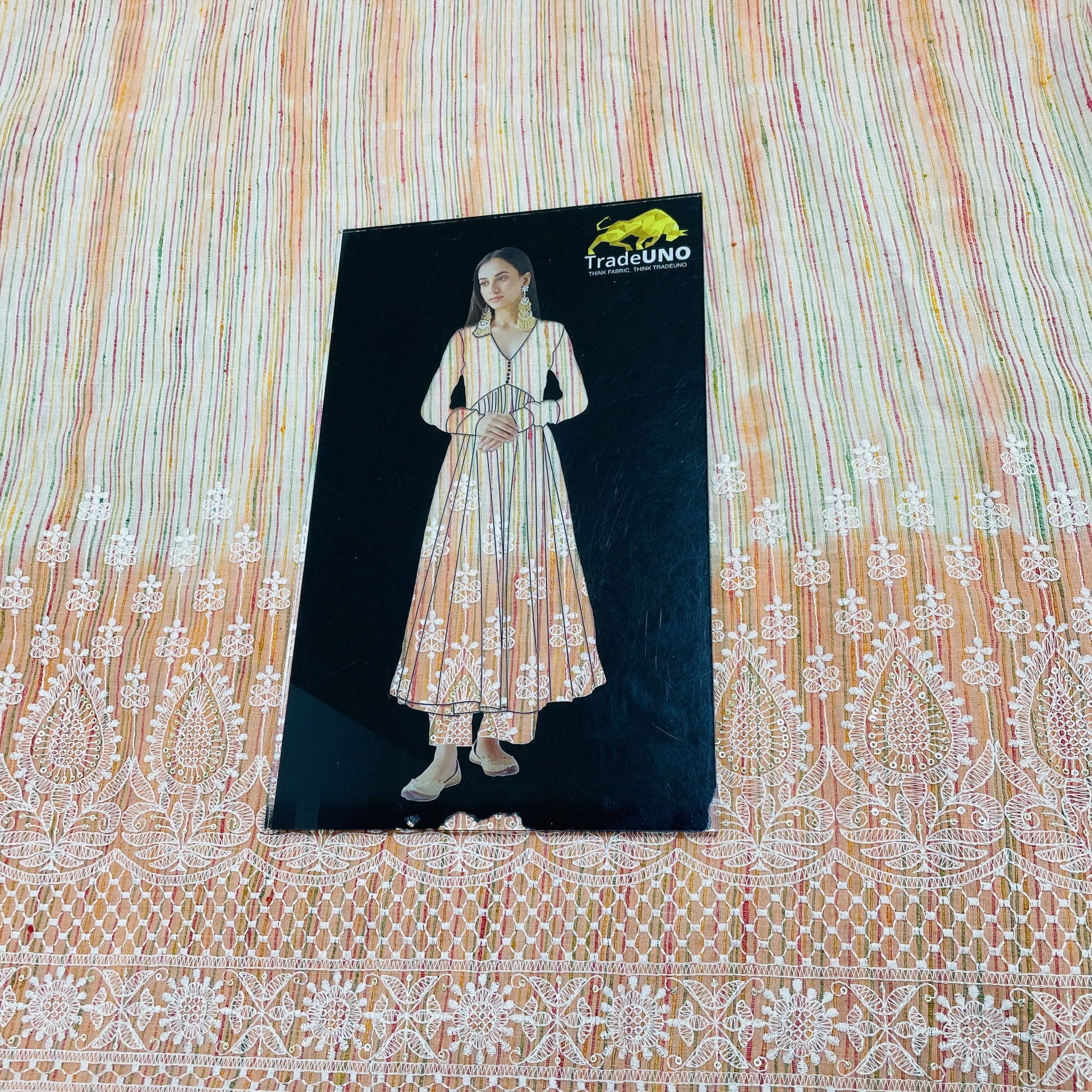 Orange Stripe Chikankari Embroidery Khadi cotton Fabric - TradeUNO