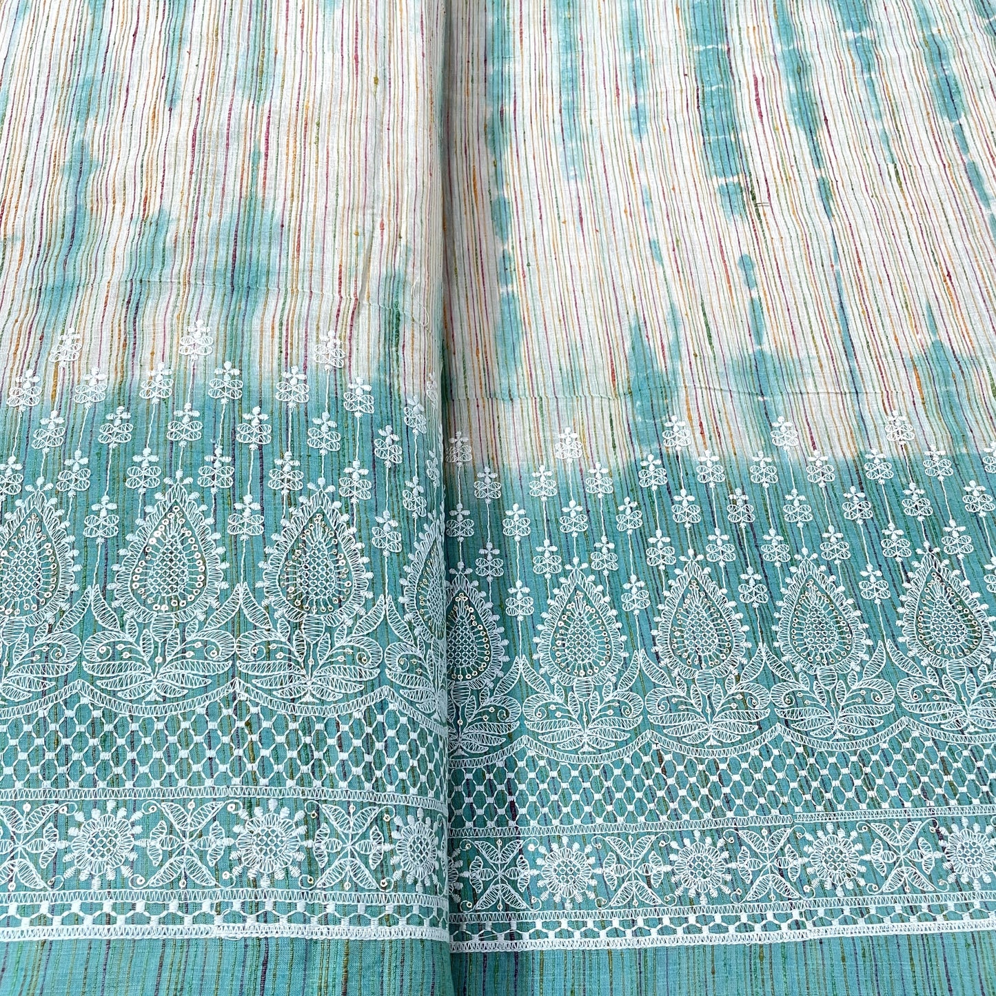 Green Stripe Chikankari Embroidery Khadi cotton Fabric - TradeUNO