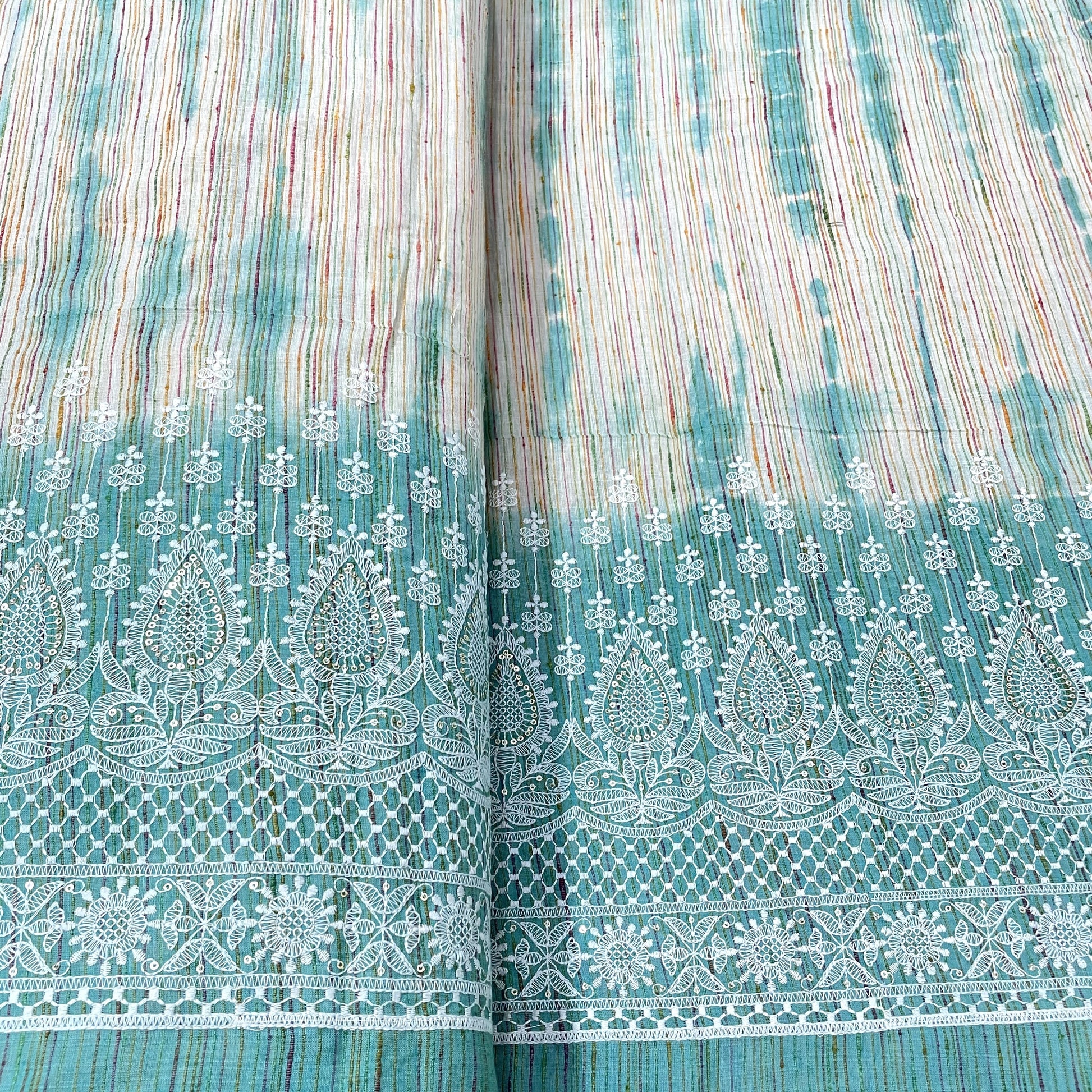 Green Stripe Chikankari Embroidery Khadi cotton Fabric - TradeUNO