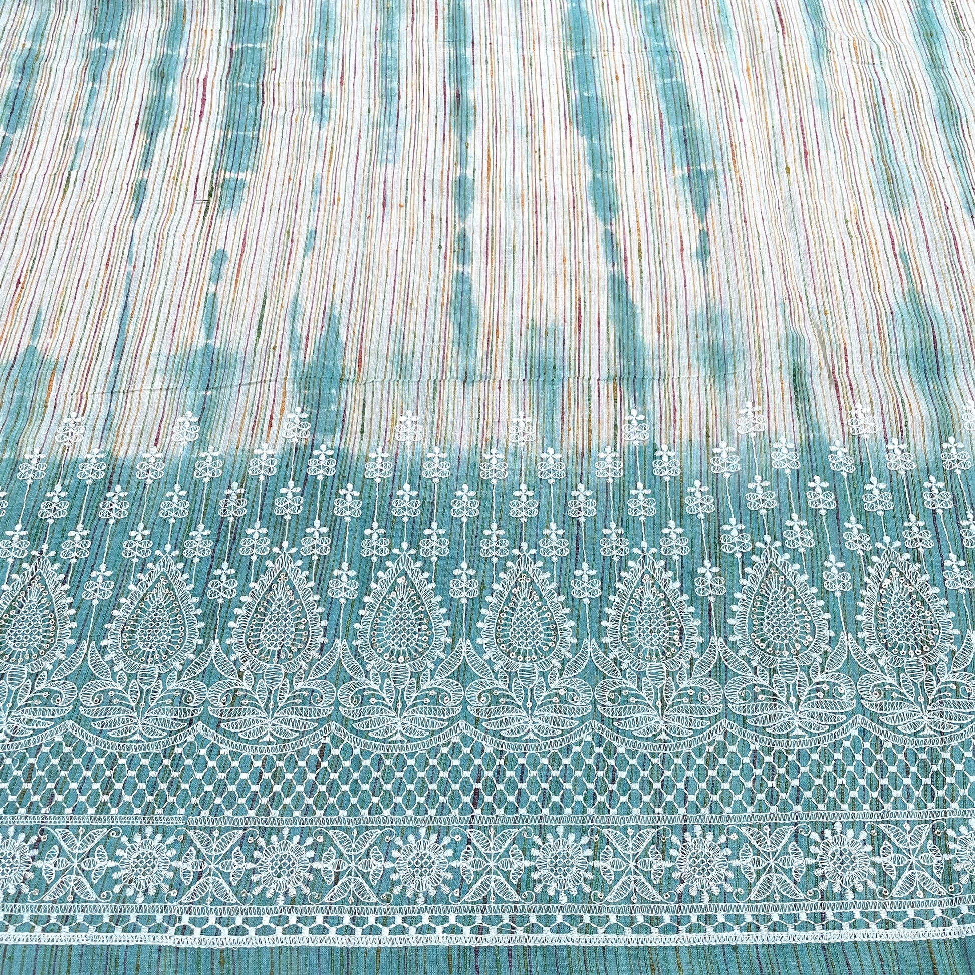 Green Stripe Chikankari Embroidery Khadi cotton Fabric - TradeUNO