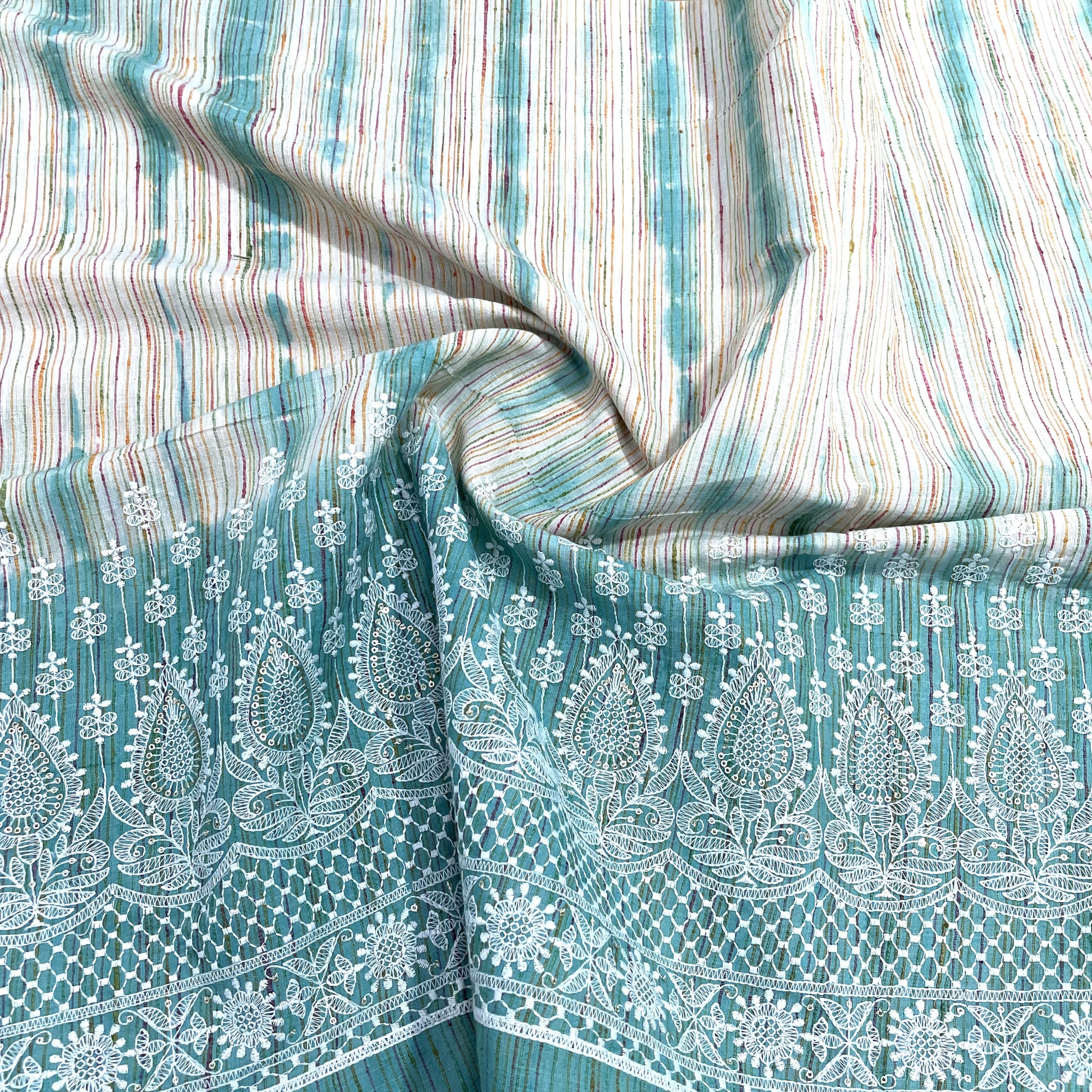 Green Stripe Chikankari Embroidery Khadi cotton Fabric
