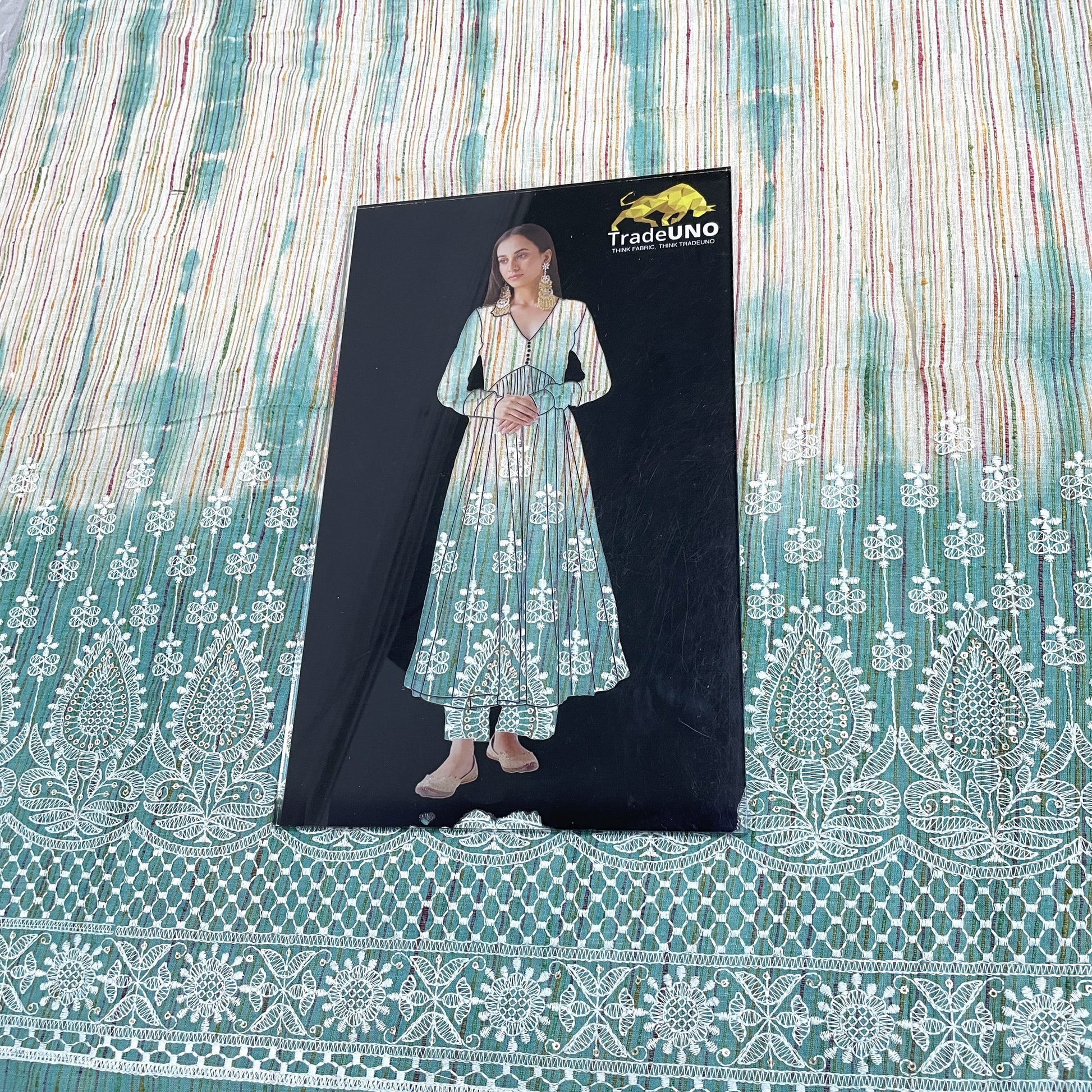 Green Stripe Chikankari Embroidery Khadi cotton Fabric - TradeUNO
