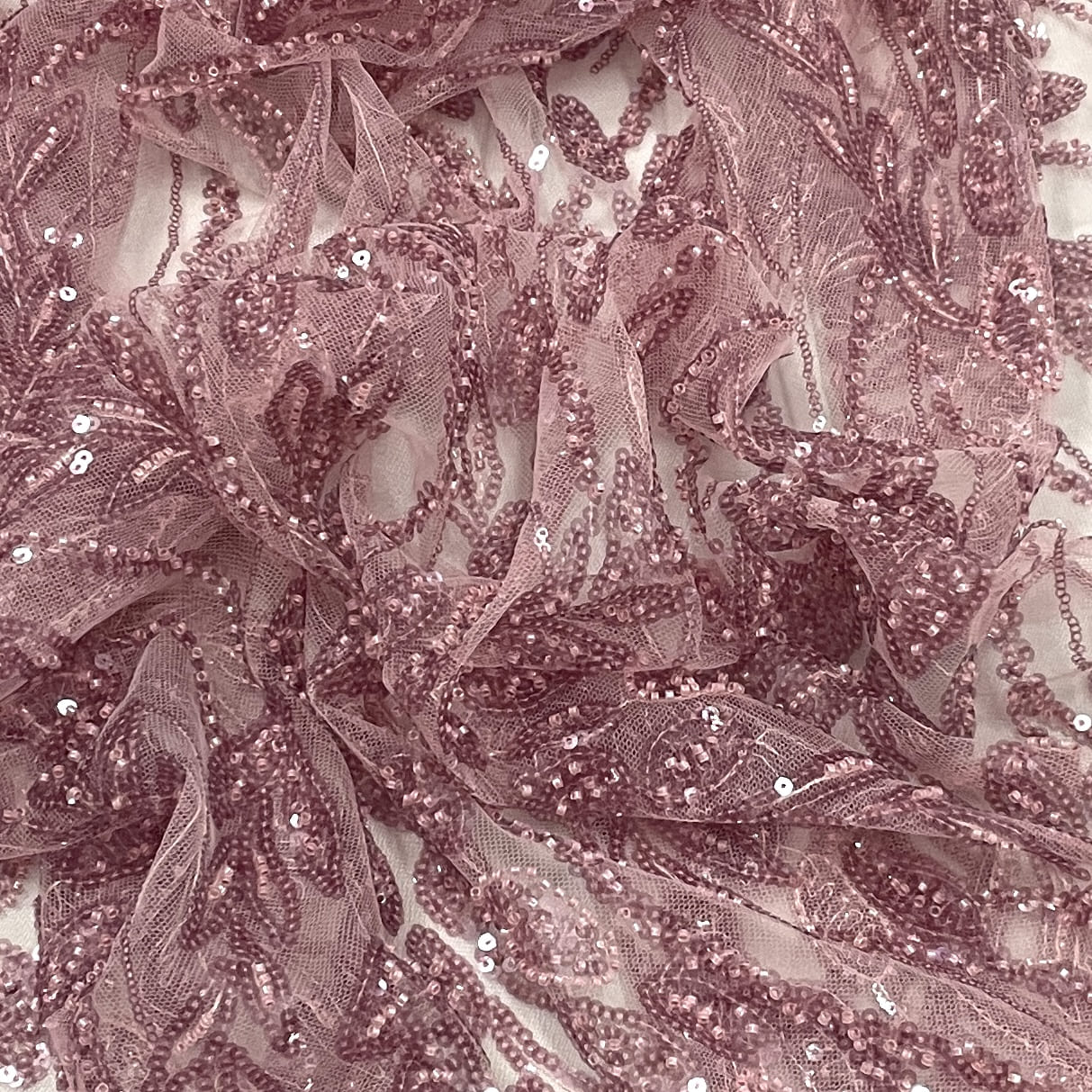 Classic Coral Pink Floral Pearl Sequins Handwork Embroidery Net Fabric