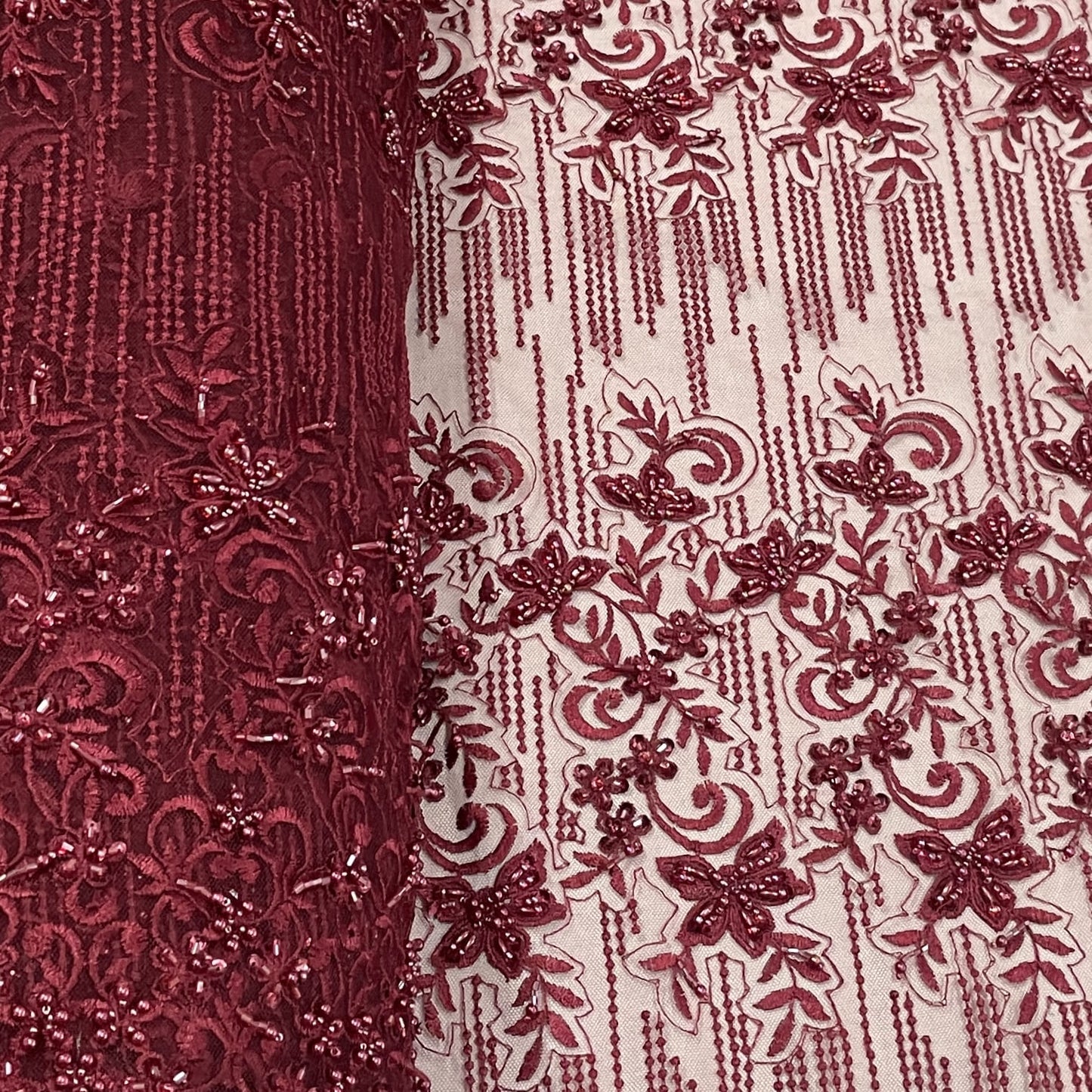 Classic Maroon Pearl Thread Embroidery Net Fabric