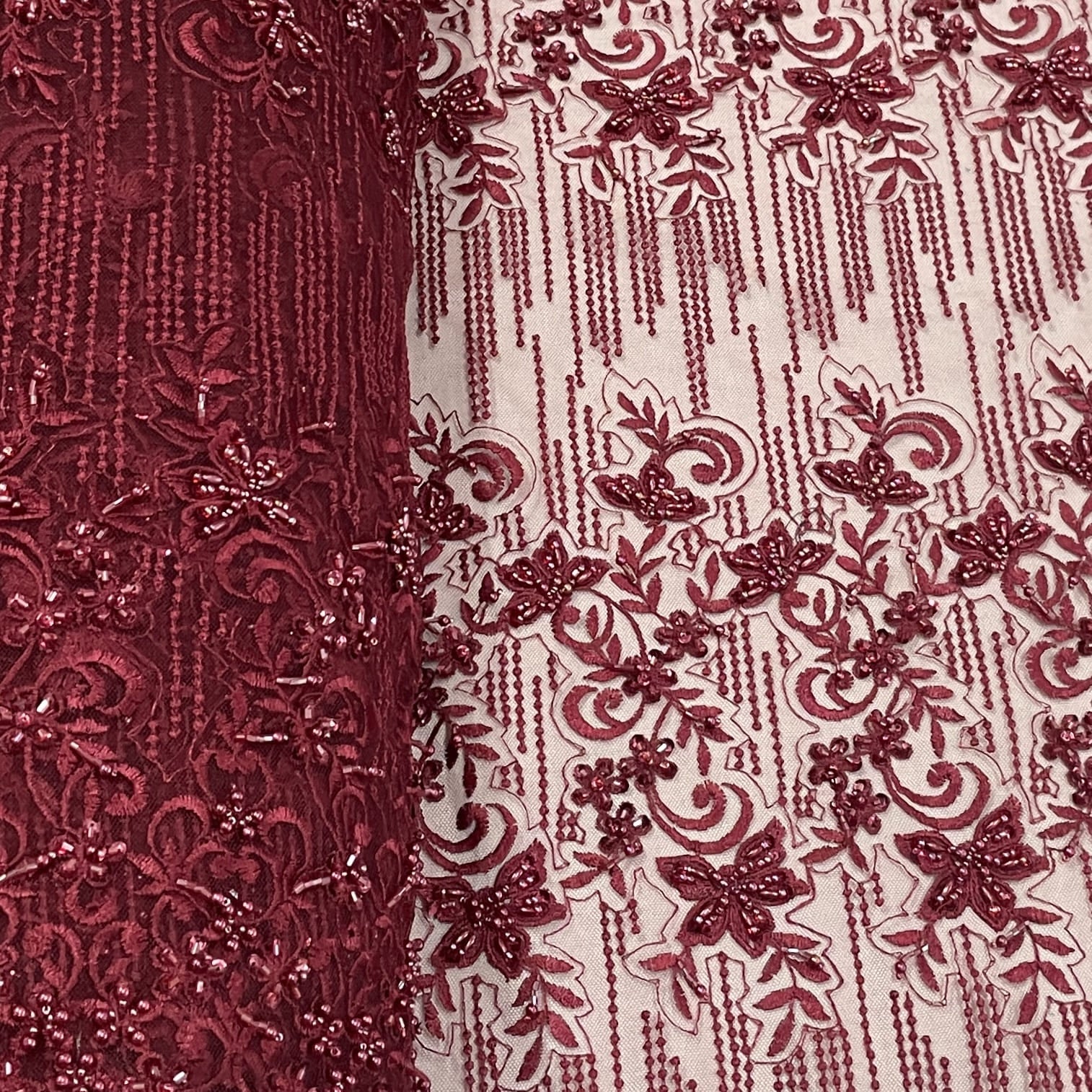 classic maroon pearl thread embroidery net fabric