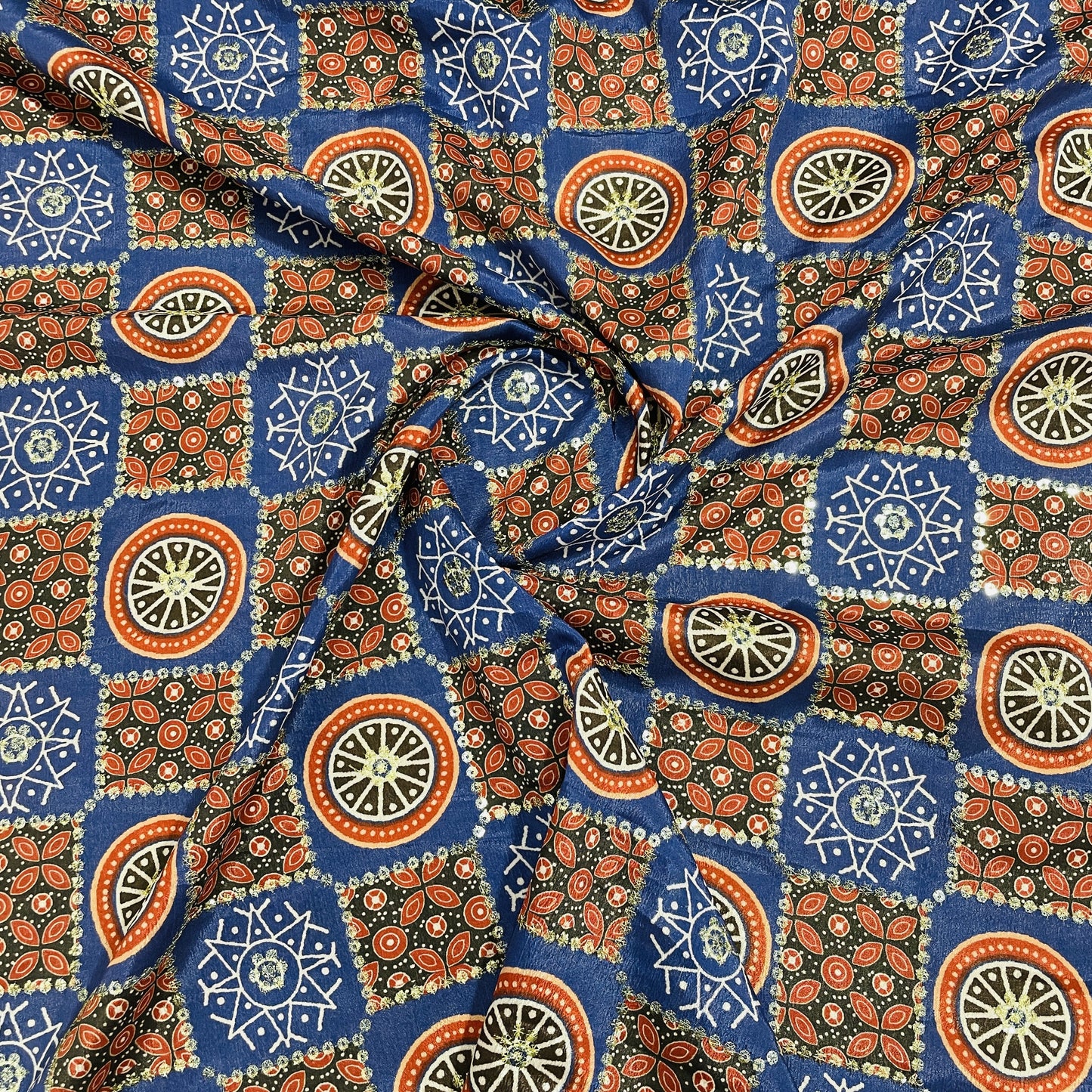 Blue & Red Zari Embroidery Chinnon Fabric