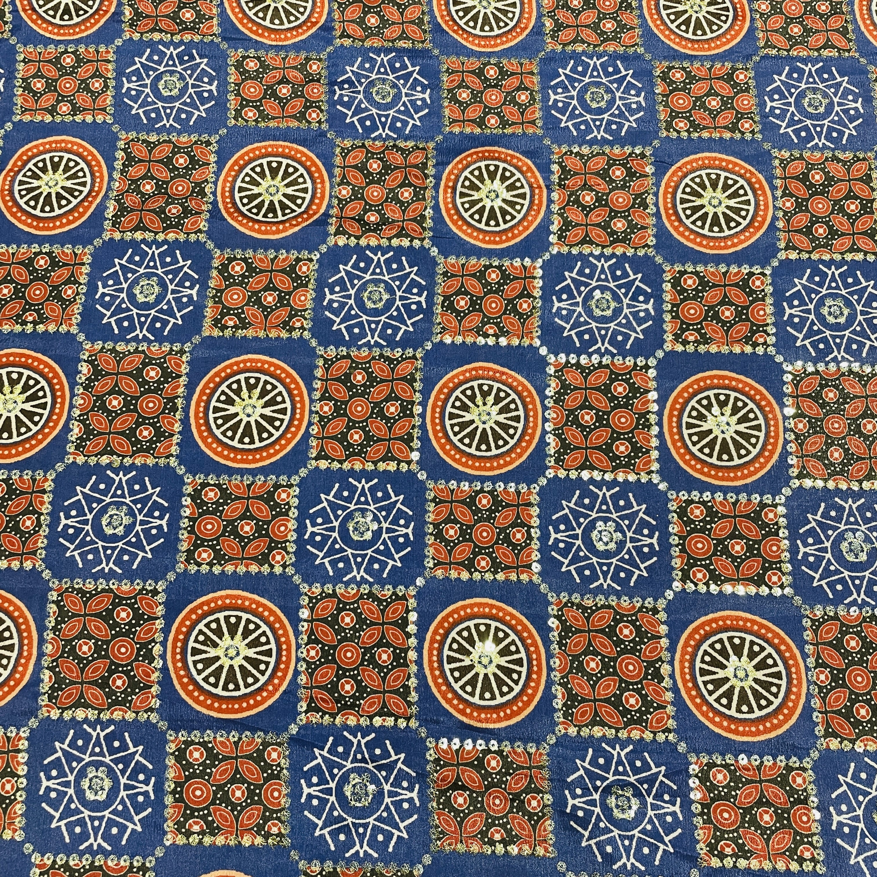 Blue & Red Zari Embroidery Chinnon Fabric - TradeUNO