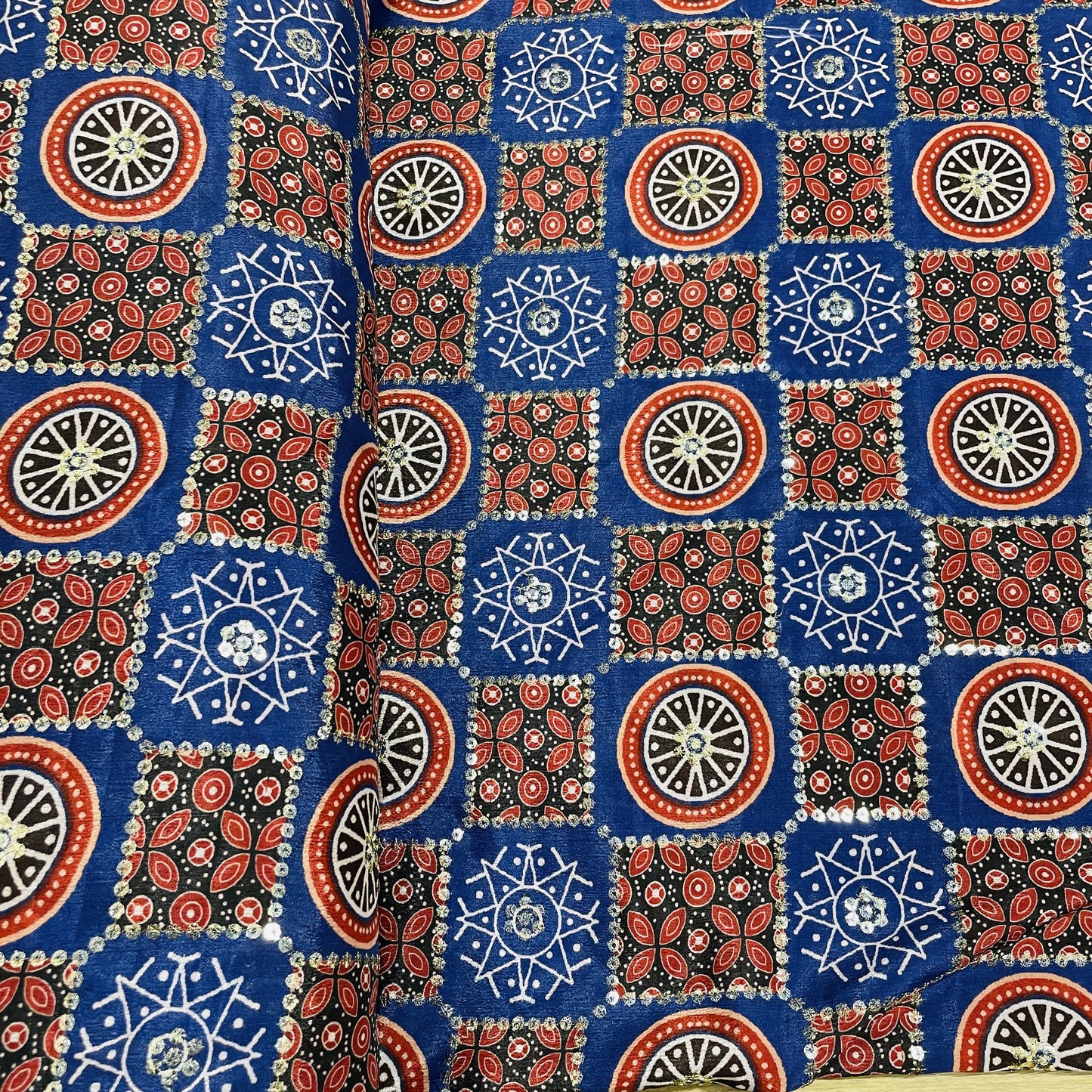 Blue & Red Zari Embroidery Chinnon Fabric - TradeUNO