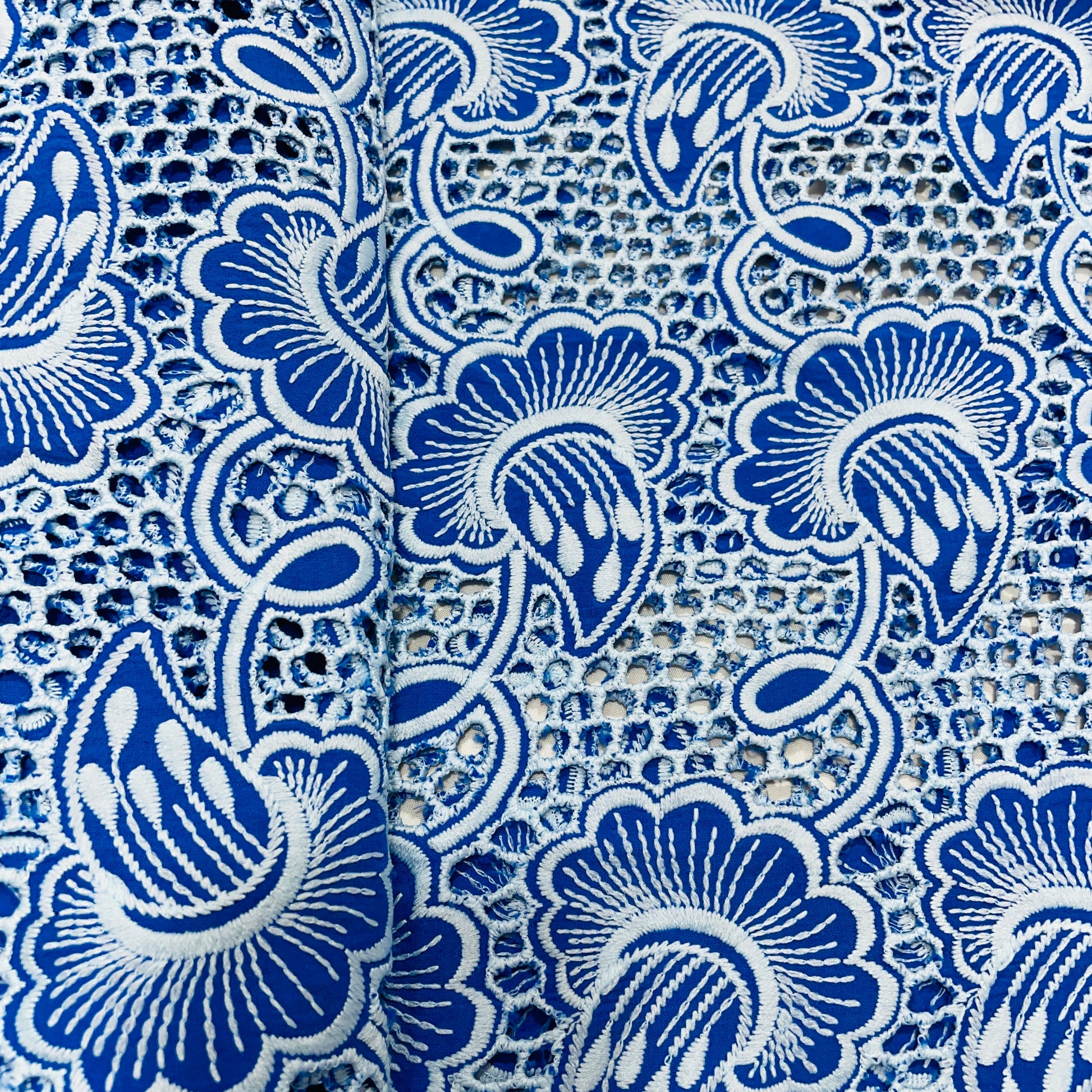 Blue Floral Embroidery Cotton Schiffli Fabric - TradeUNO