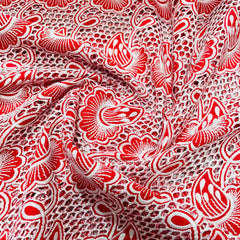 Red Floral Embroidery Cotton Schiffli Fabric - TradeUNO