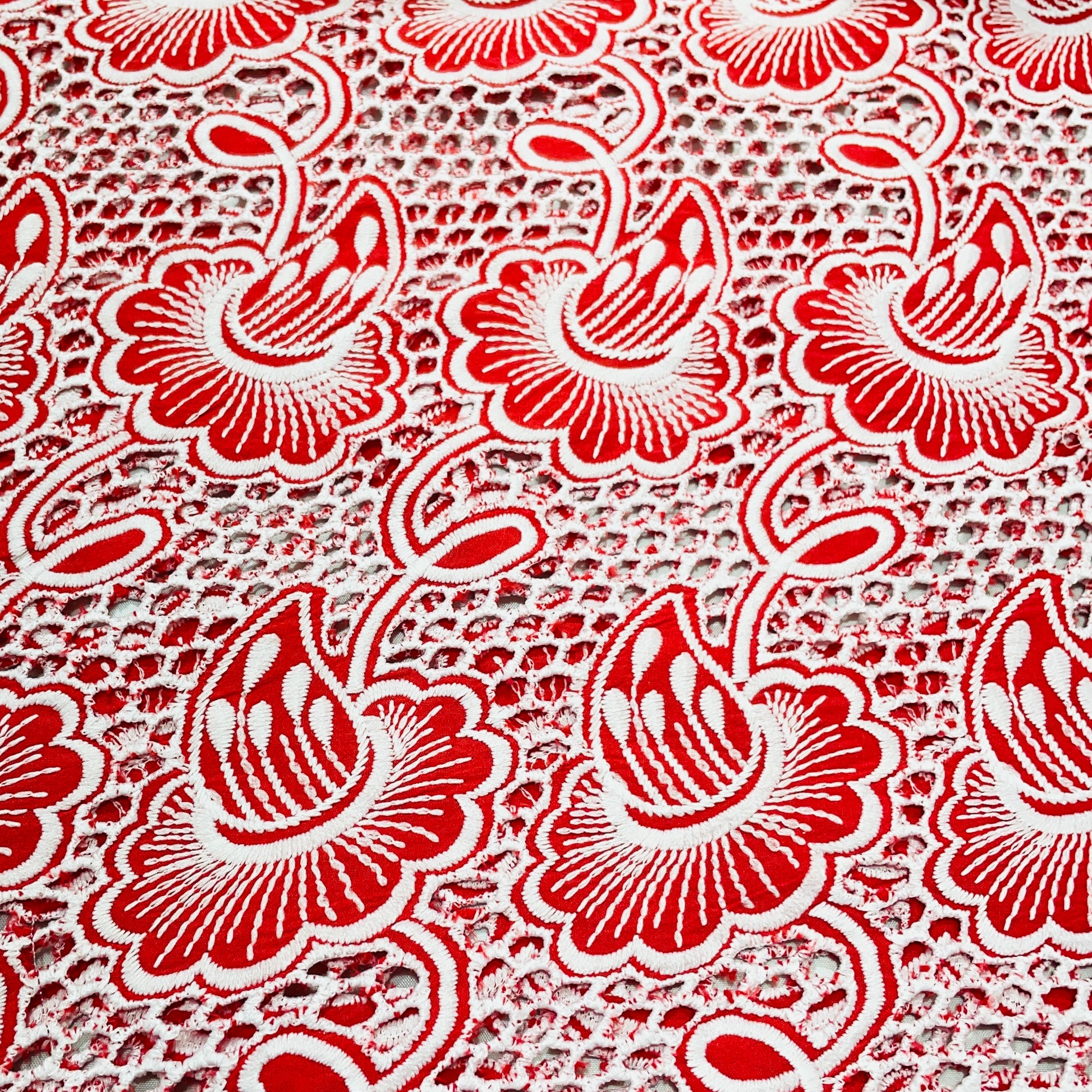 Red Floral Embroidery Cotton Schiffli Fabric - TradeUNO
