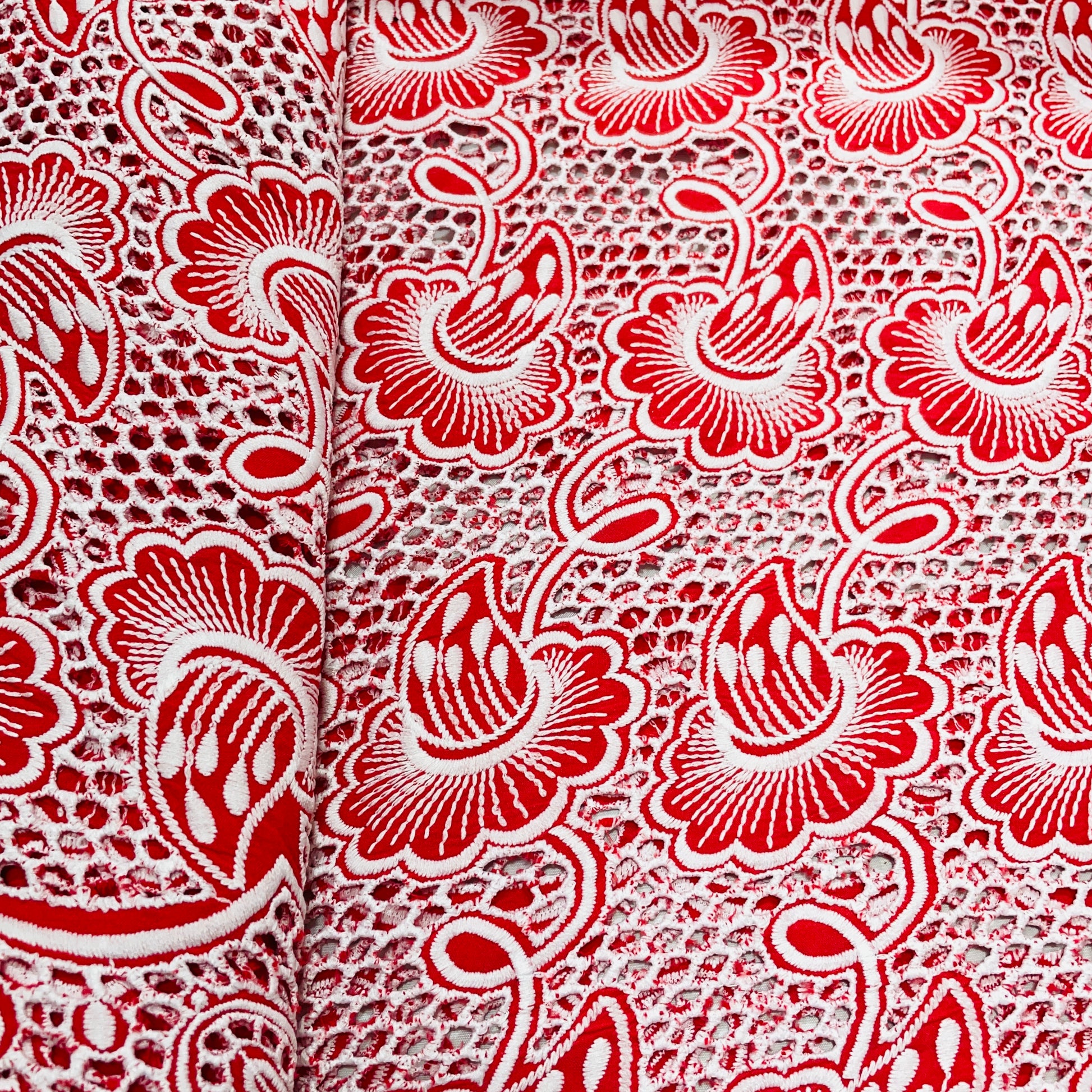 Red Floral Embroidery Cotton Schiffli Fabric - TradeUNO