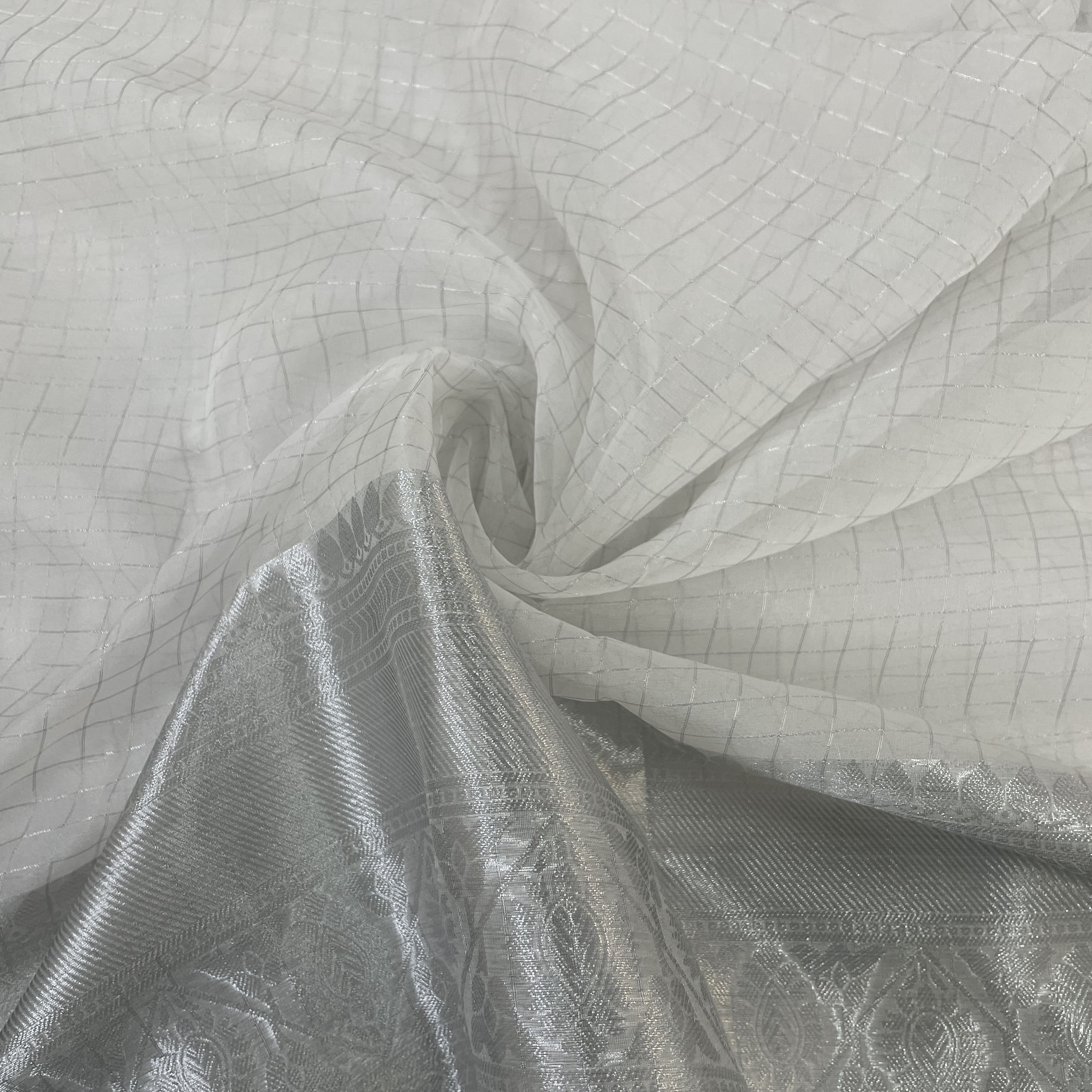 classic white silver check with border work organza jacquard fabric