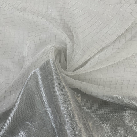 classic white silver check with border work organza jacquard fabric
