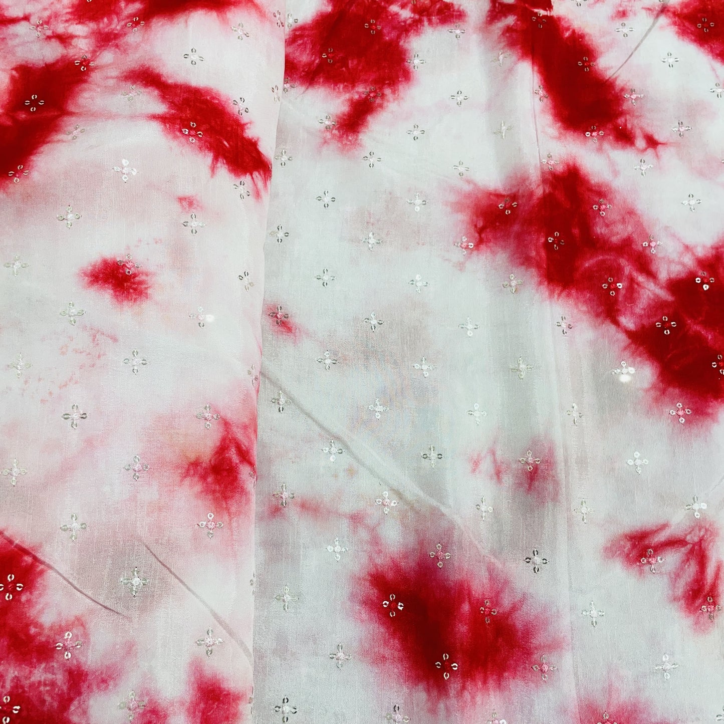 White & Red Shibori Sequence Embroidery Dola Silk Fabric - TradeUNO