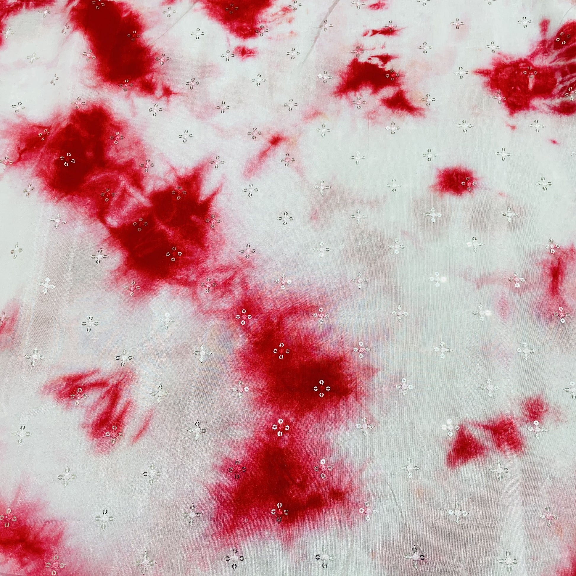 White & Red Shibori Sequence Embroidery Dola Silk Fabric - TradeUNO