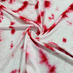 White & Red Shibori Sequence Embroidery Dola Silk Fabric