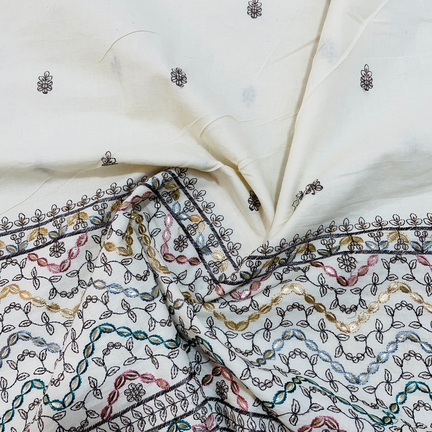 off white multicolor floral embroidery with border cotton fabric 2