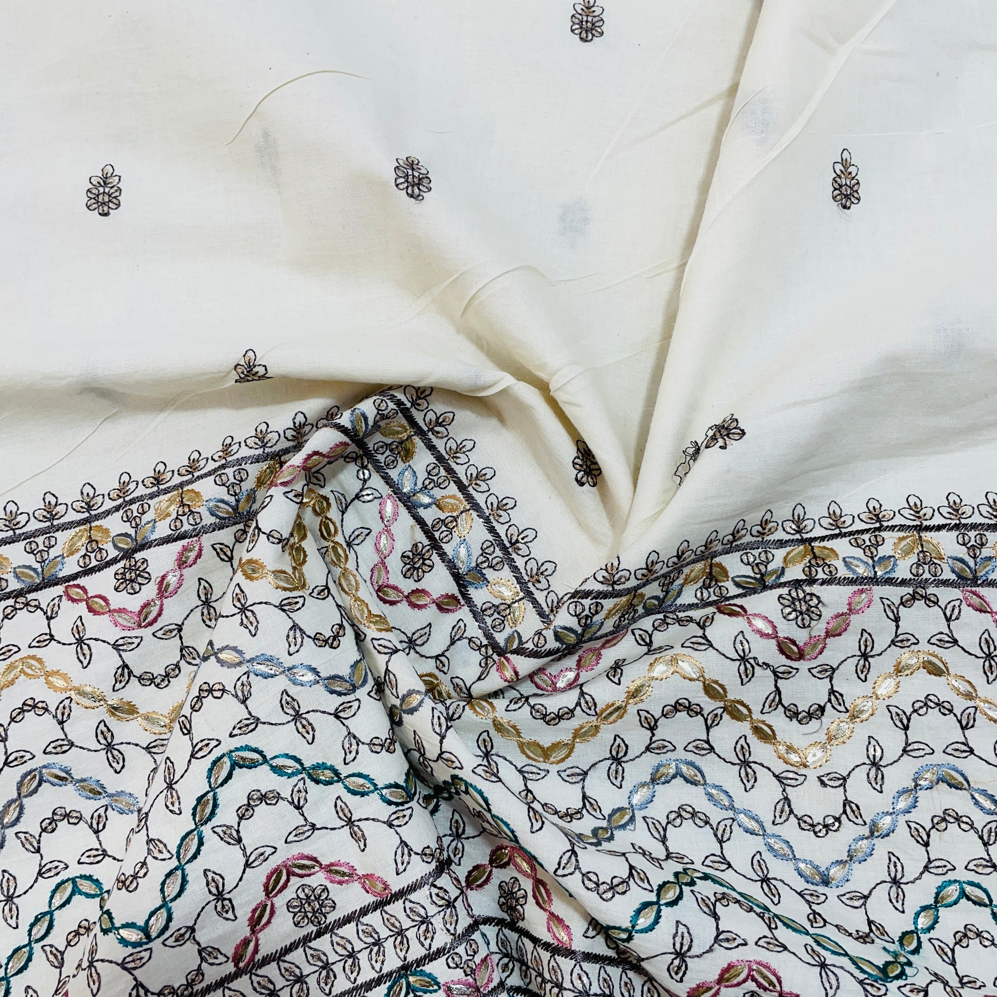 off white multicolor floral embroidery with border cotton fabric 2