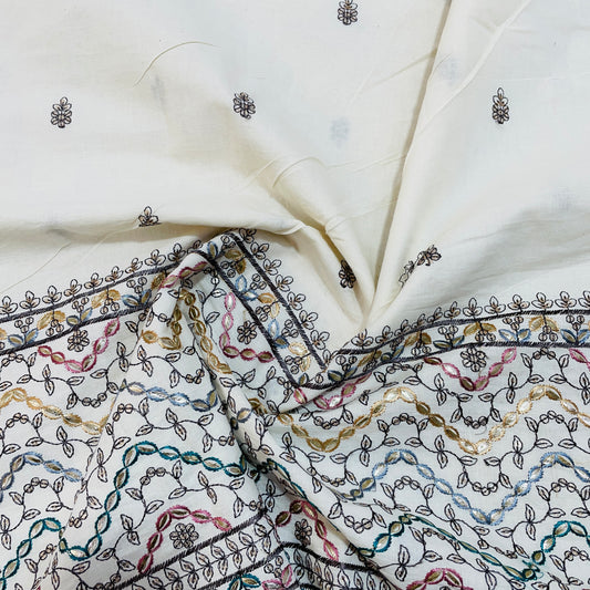 Off White & Multicolor Floral Embroidery With Border Cotton Fabric