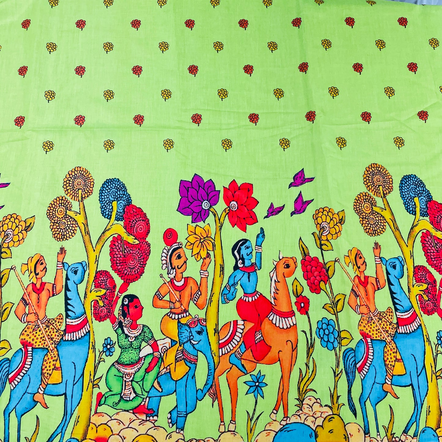 Light Green Madhubani Print Cotton Satin Fabric - TradeUNO