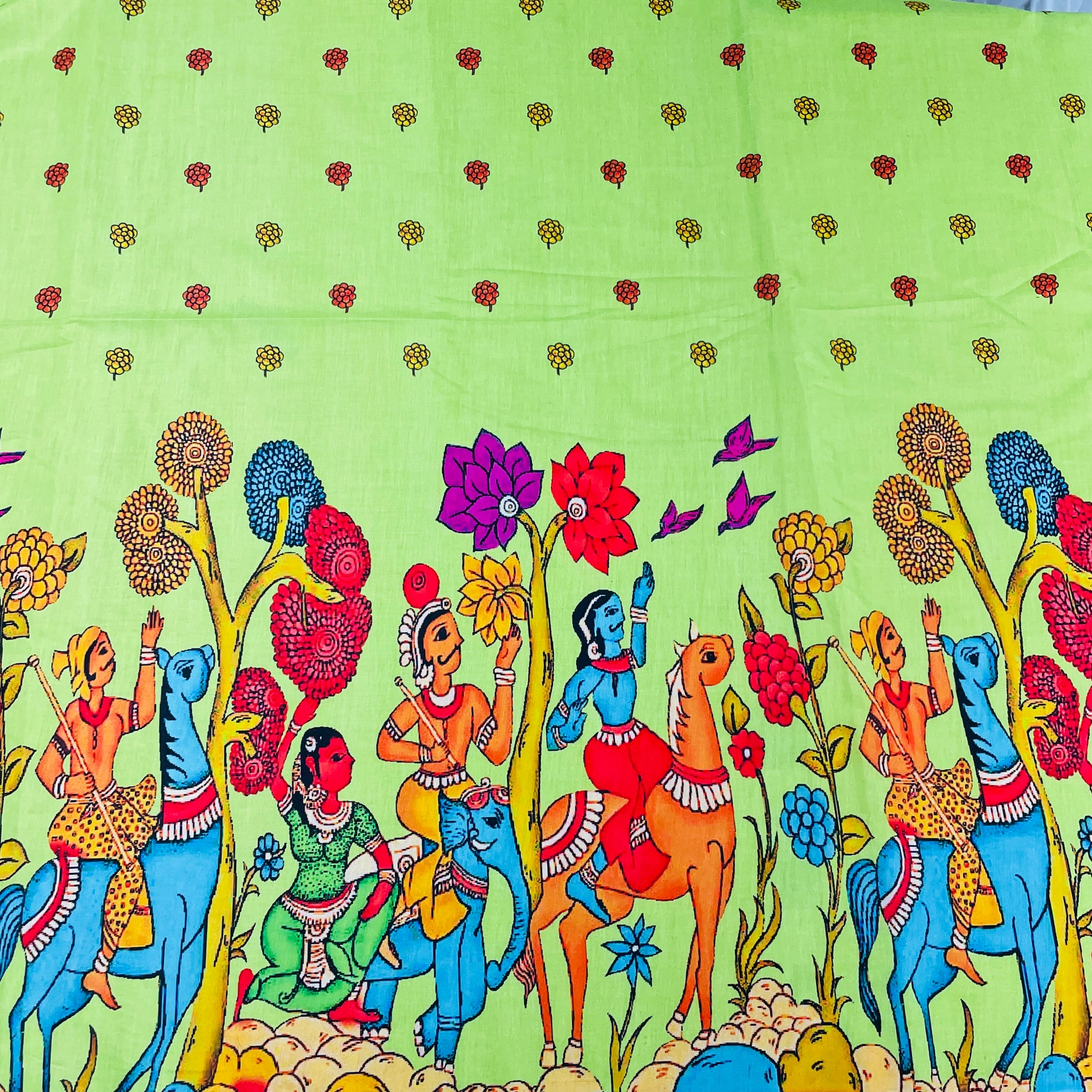 Light Green Madhubani Print Cotton Satin Fabric - TradeUNO