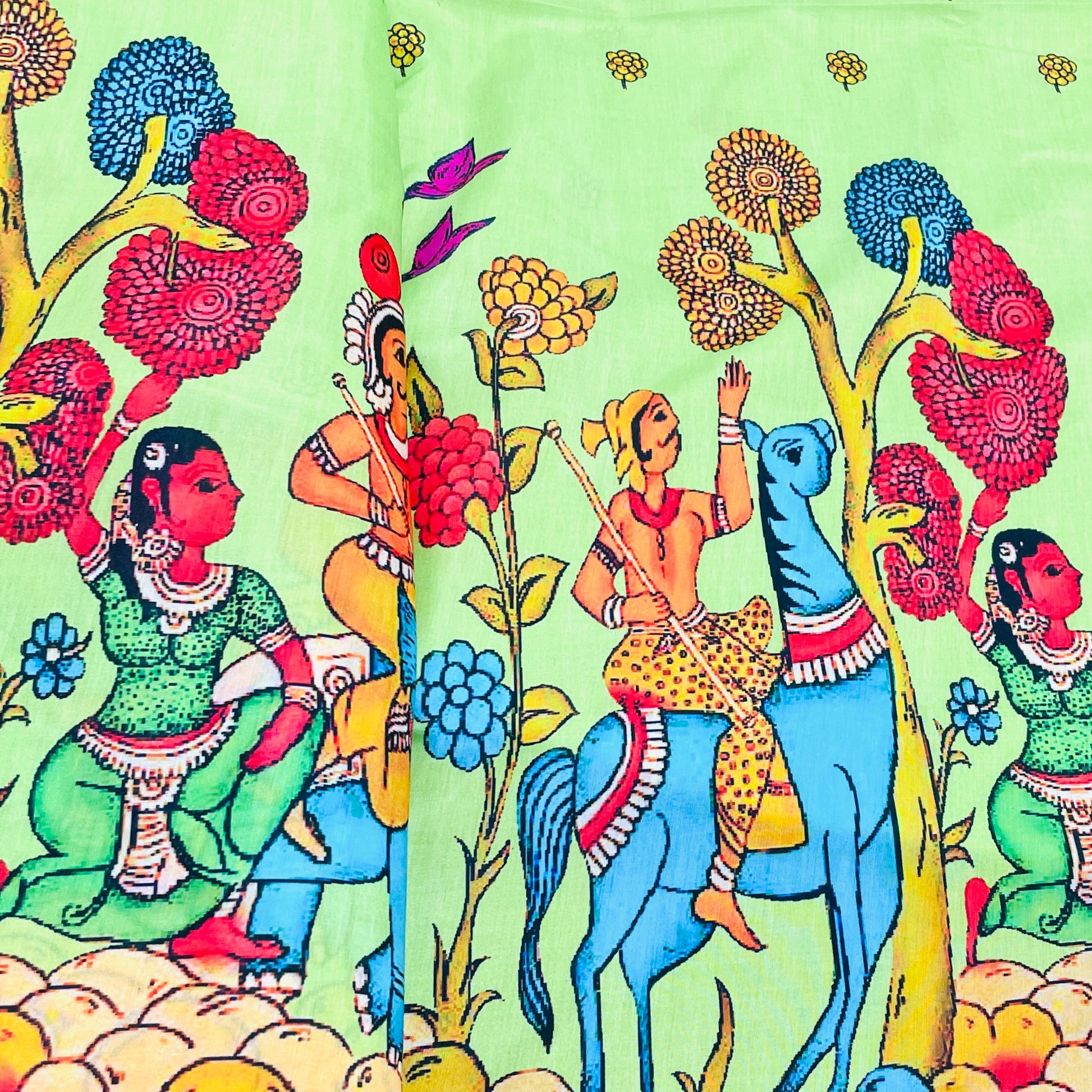 Light Green Madhubani Print Cotton Satin Fabric - TradeUNO