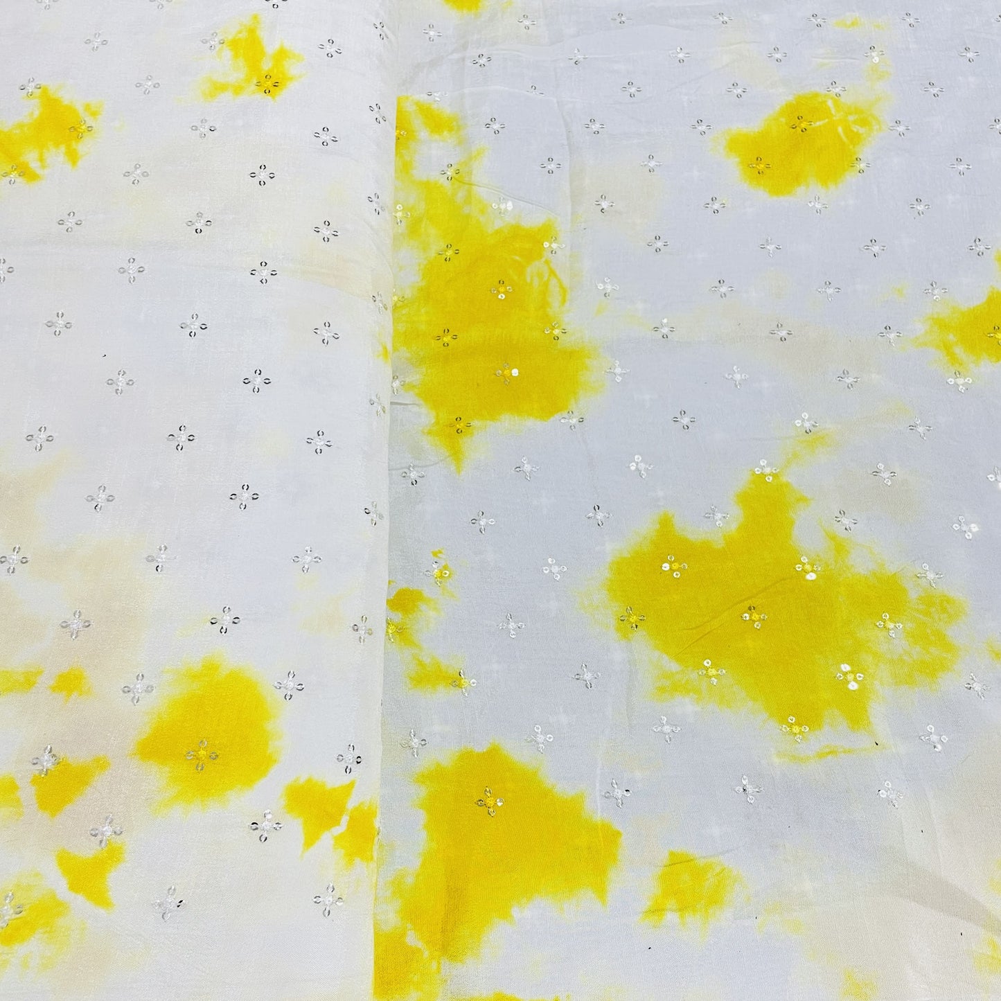 White & Yellow Shibori Sequence Embroidery Dola Silk Fabric - TradeUNO