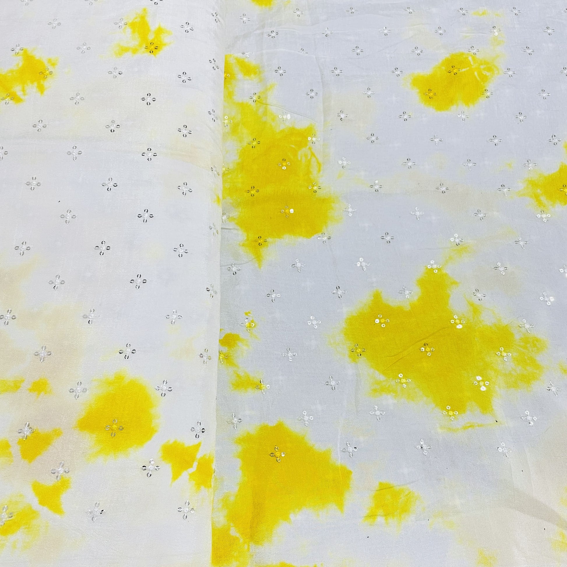 White & Yellow Shibori Sequence Embroidery Dola Silk Fabric - TradeUNO