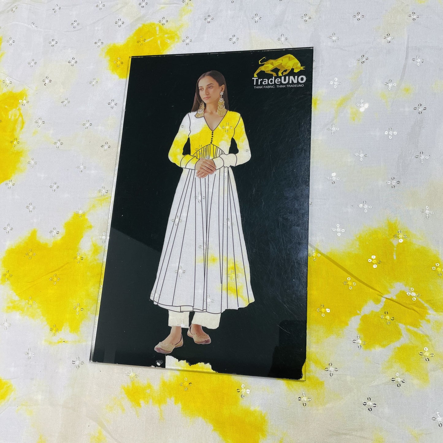 White & Yellow Shibori Sequence Embroidery Dola Silk Fabric - TradeUNO