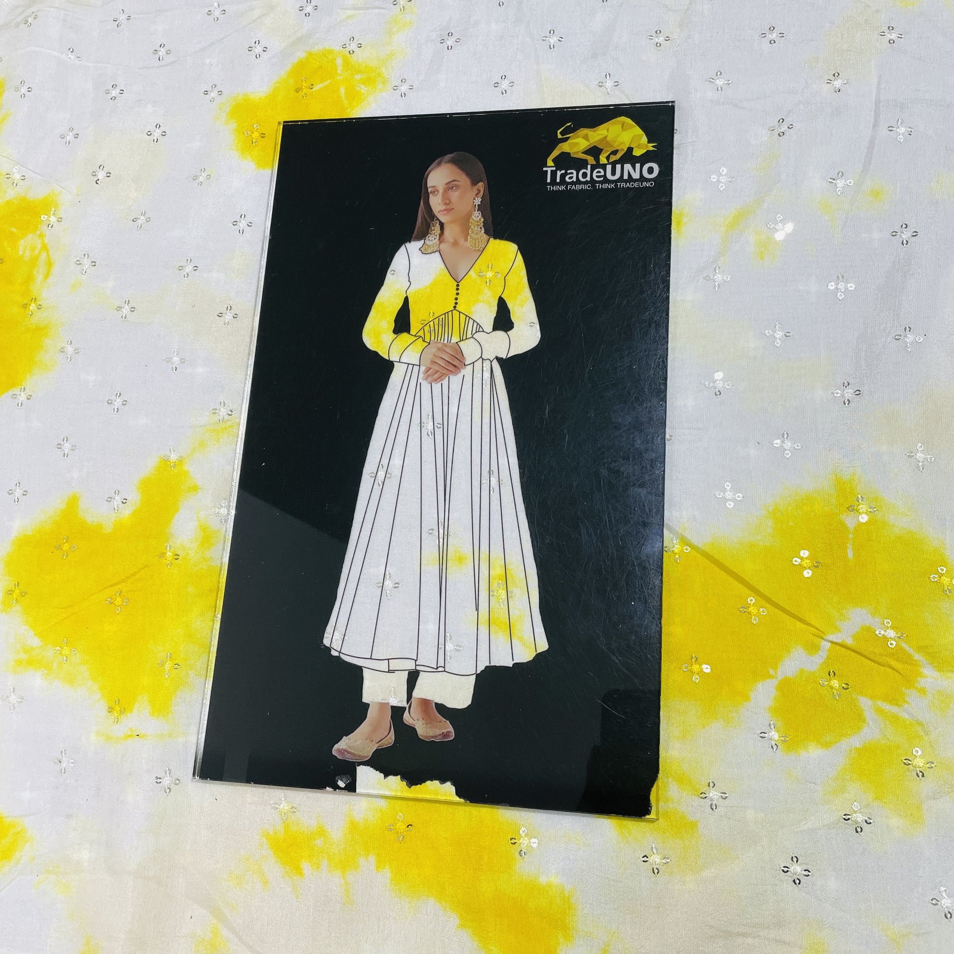 White & Yellow Shibori Sequence Embroidery Dola Silk Fabric - TradeUNO