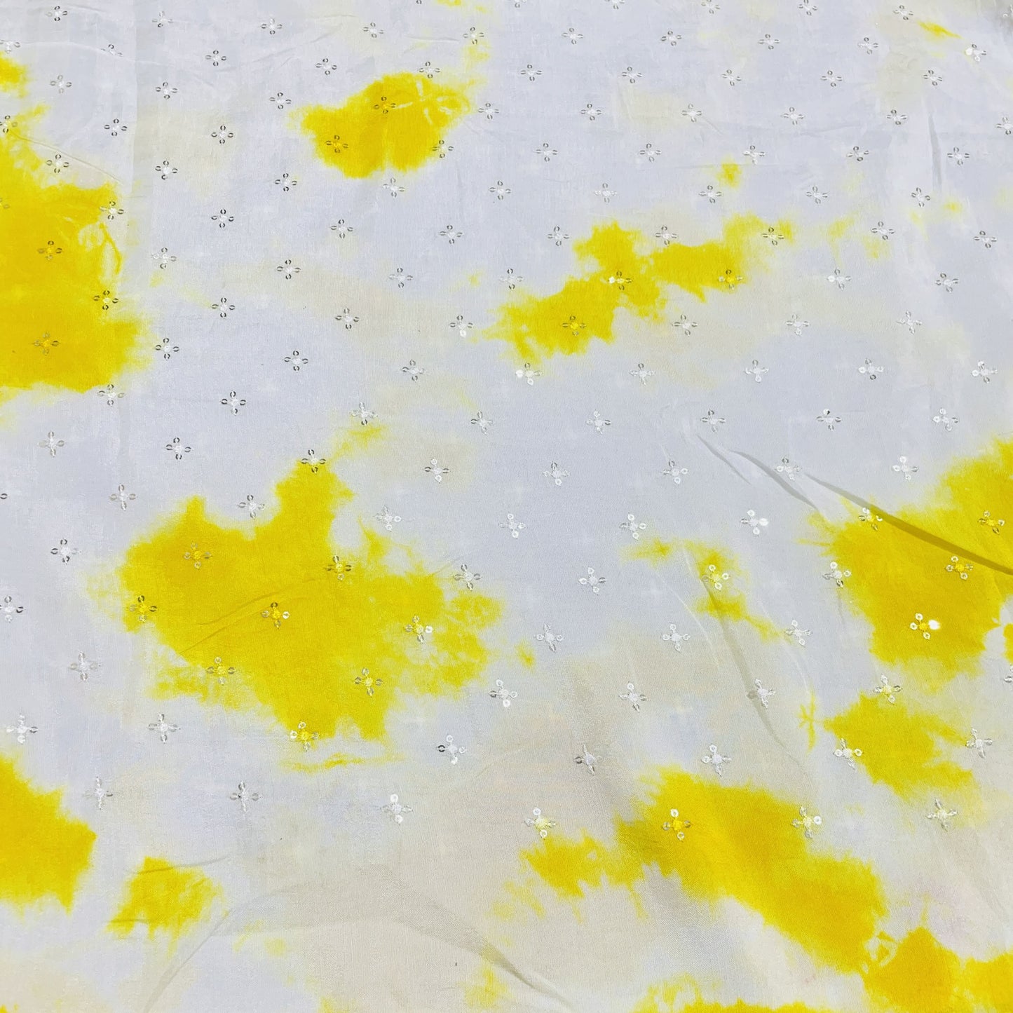 White & Yellow Shibori Sequence Embroidery Dola Silk Fabric - TradeUNO