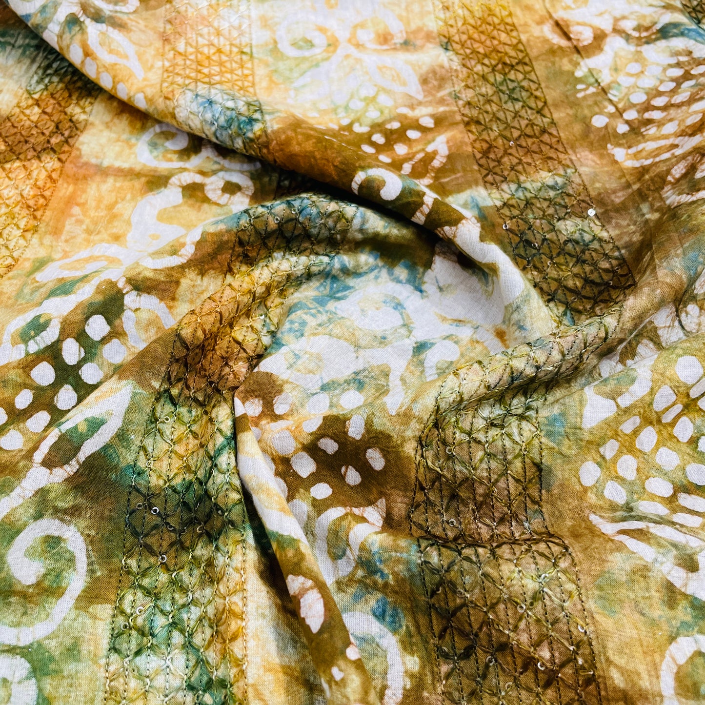 Orange Batik Print Sequence Embroidery Cotton Fabric - TradeUNO