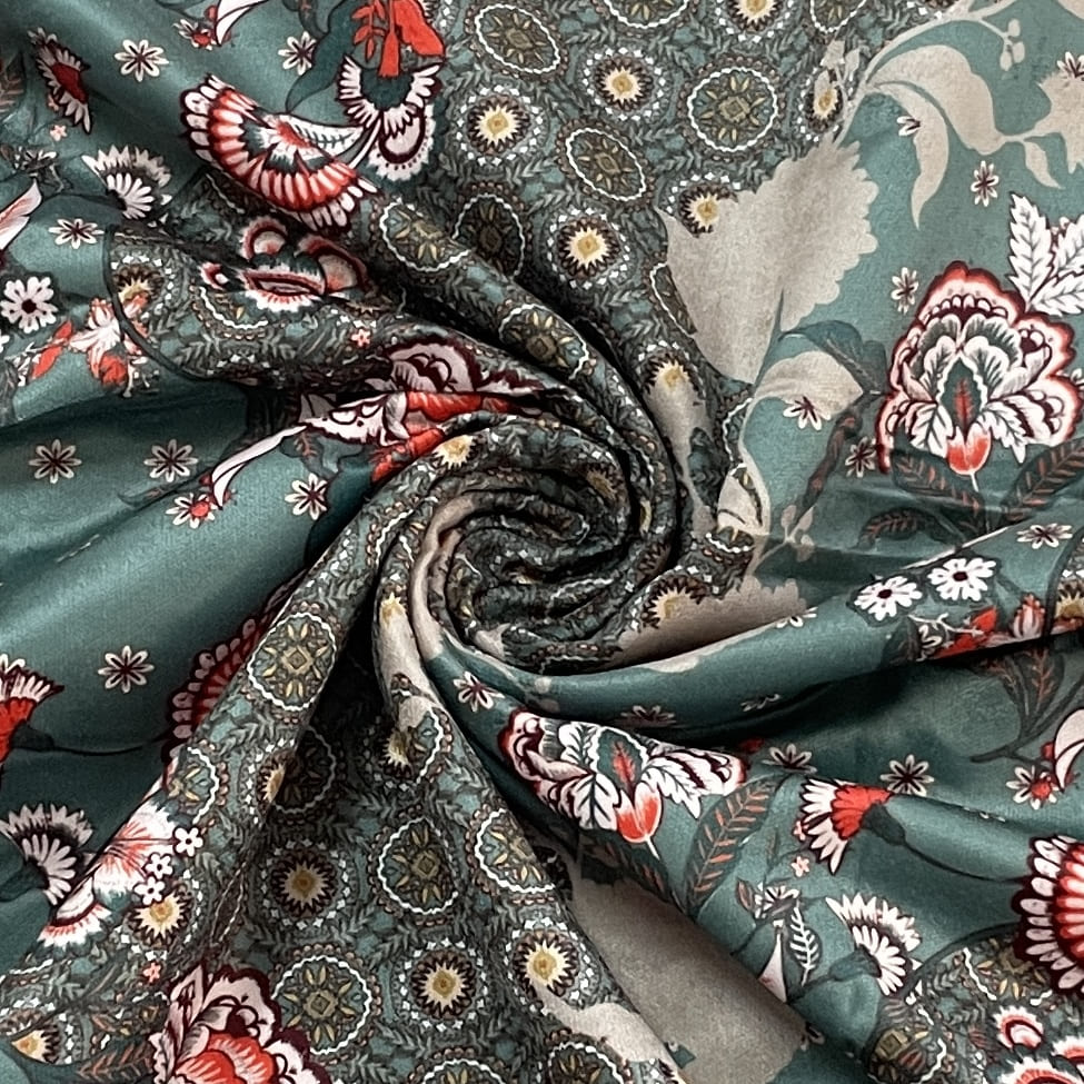 Buy Classic Pastel Green Floral Print Velvet Fabric Online at