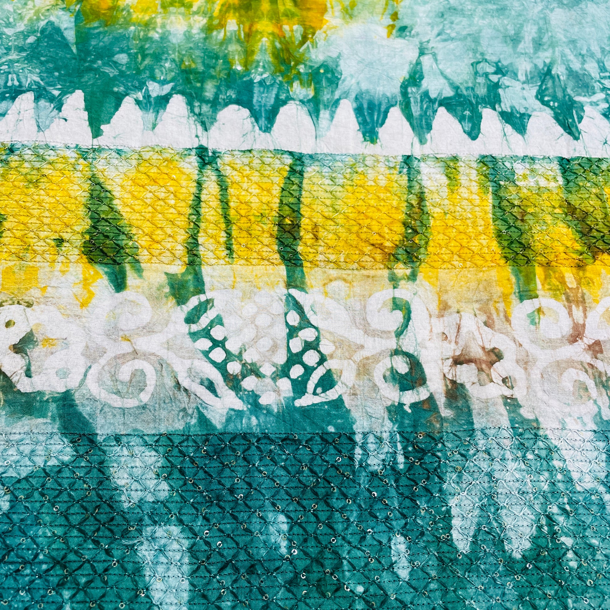 Green Batik Print Sequence Embroidery Cotton Fabric - TradeUNO