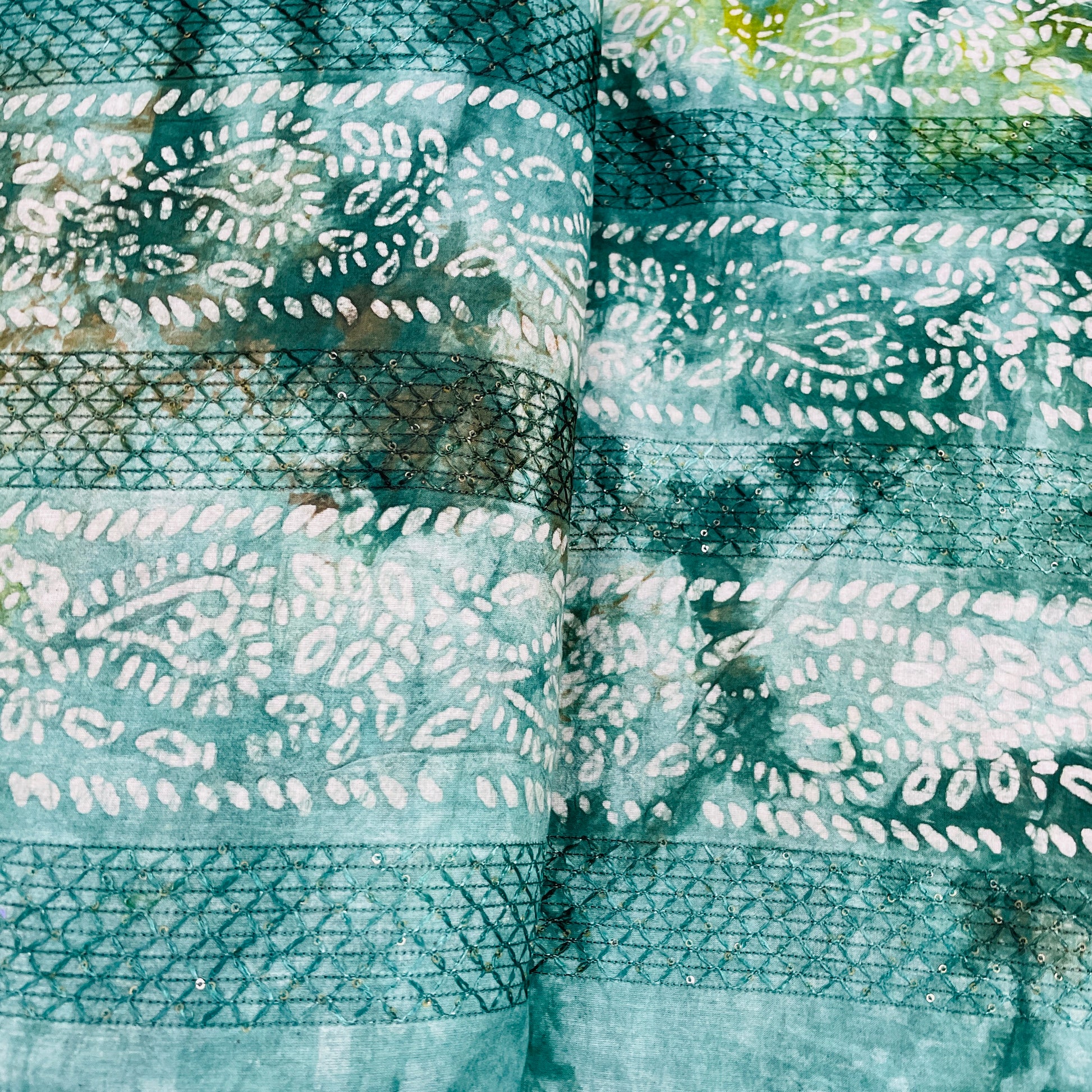 Green Batik Print Sequence Embroidery Cotton Fabric - TradeUNO