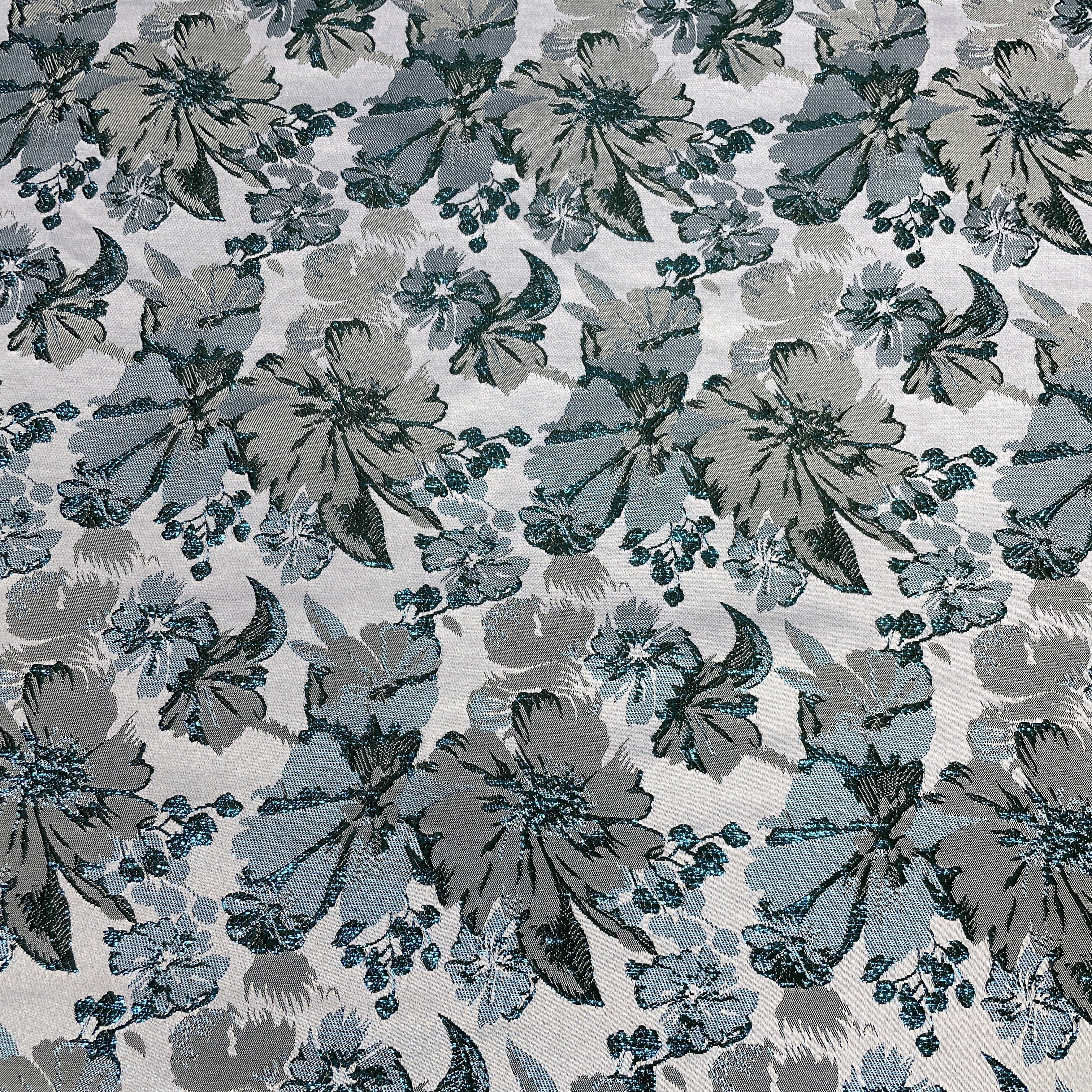 White Dark Green Floral Brocade Jacquard Fabric - TradeUNO