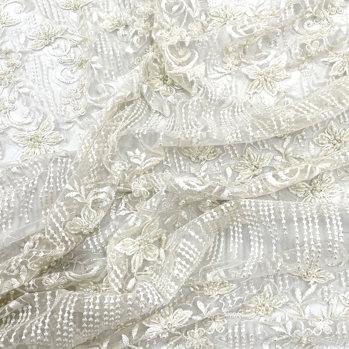 classic off white pearl thread embroidery net fabric