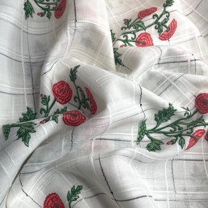 Premium  Cotton White Red Flower Embroidary Fabric