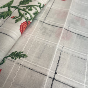 Premium  Cotton White Red Flower Embroidary Fabric