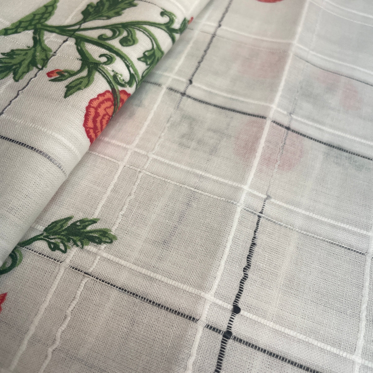 Premium  Cotton White Red Flower Embroidary Fabric