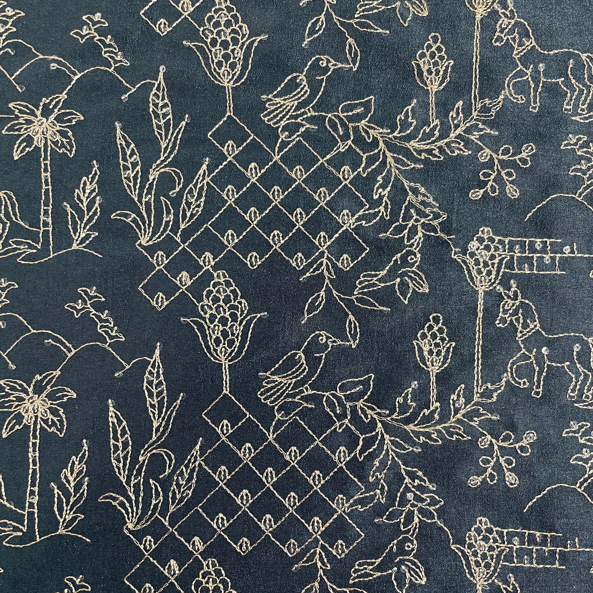 Blue Traditional Embroidery Russian Silk